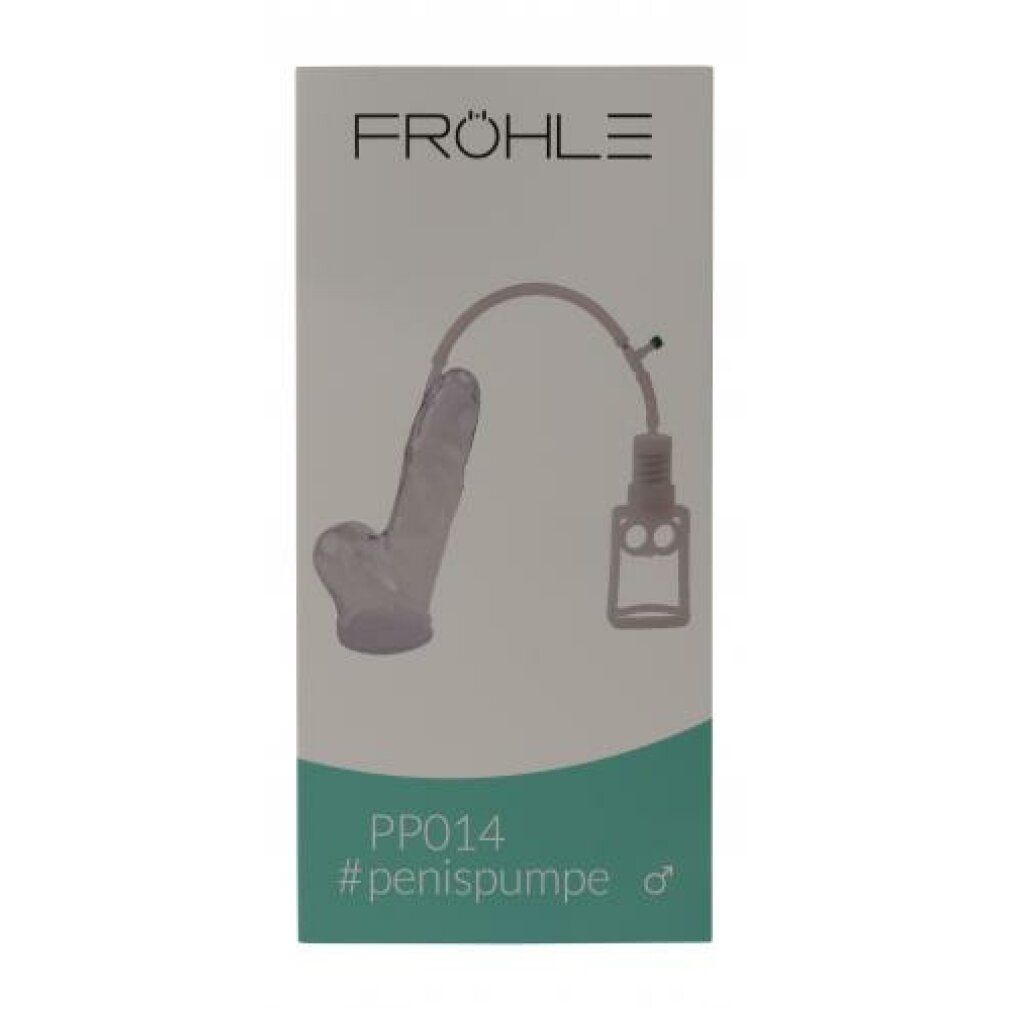 Confezione Fröhle PP014. Nome del prodotto e logo visibili. Pompa per pene trasparente.