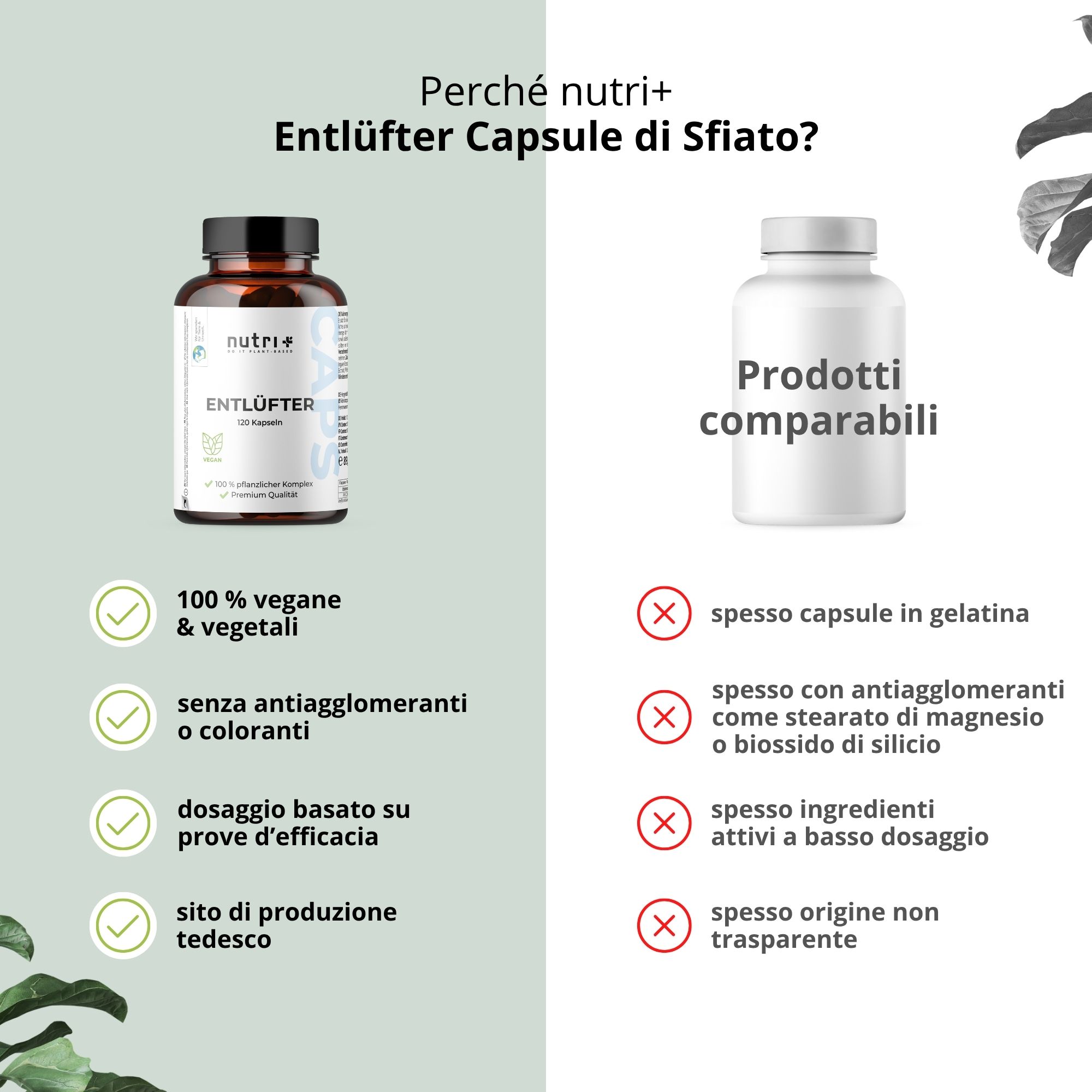 Confronto tra due prodotti. A sinistra: flacone Entlüfter. A destra: prodotto di confronto.