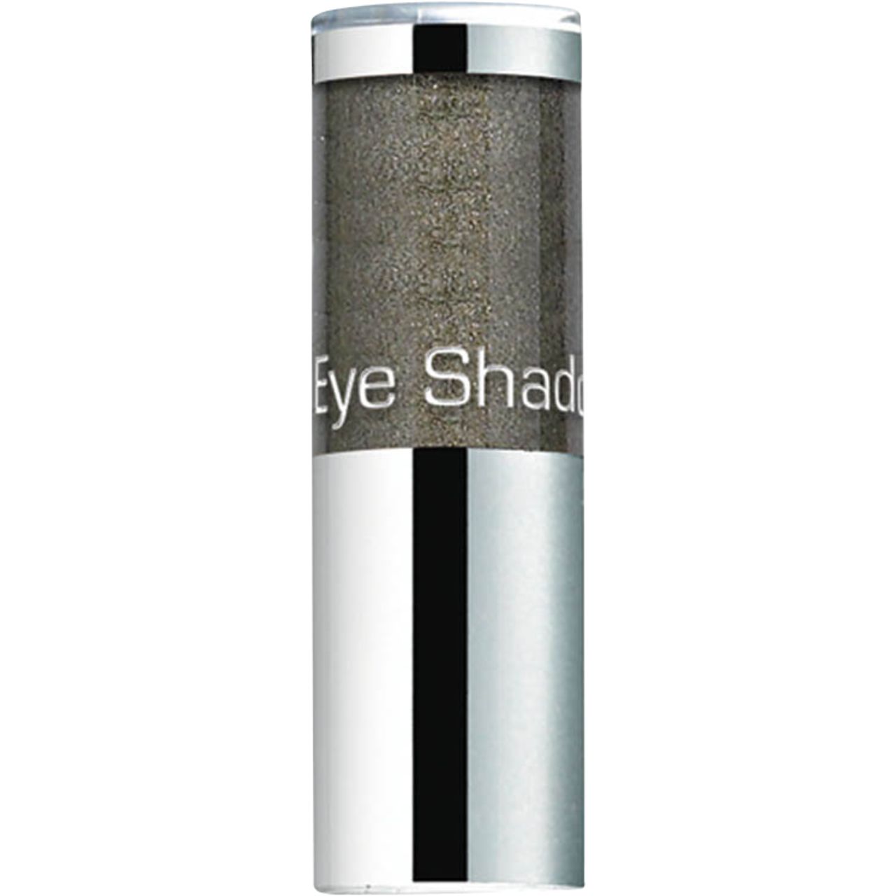 Contenitore cilindrico con base e coperchio argentati. Parte superiore trasparente con contenuto glitterato. Scritta: Eye Shadow.