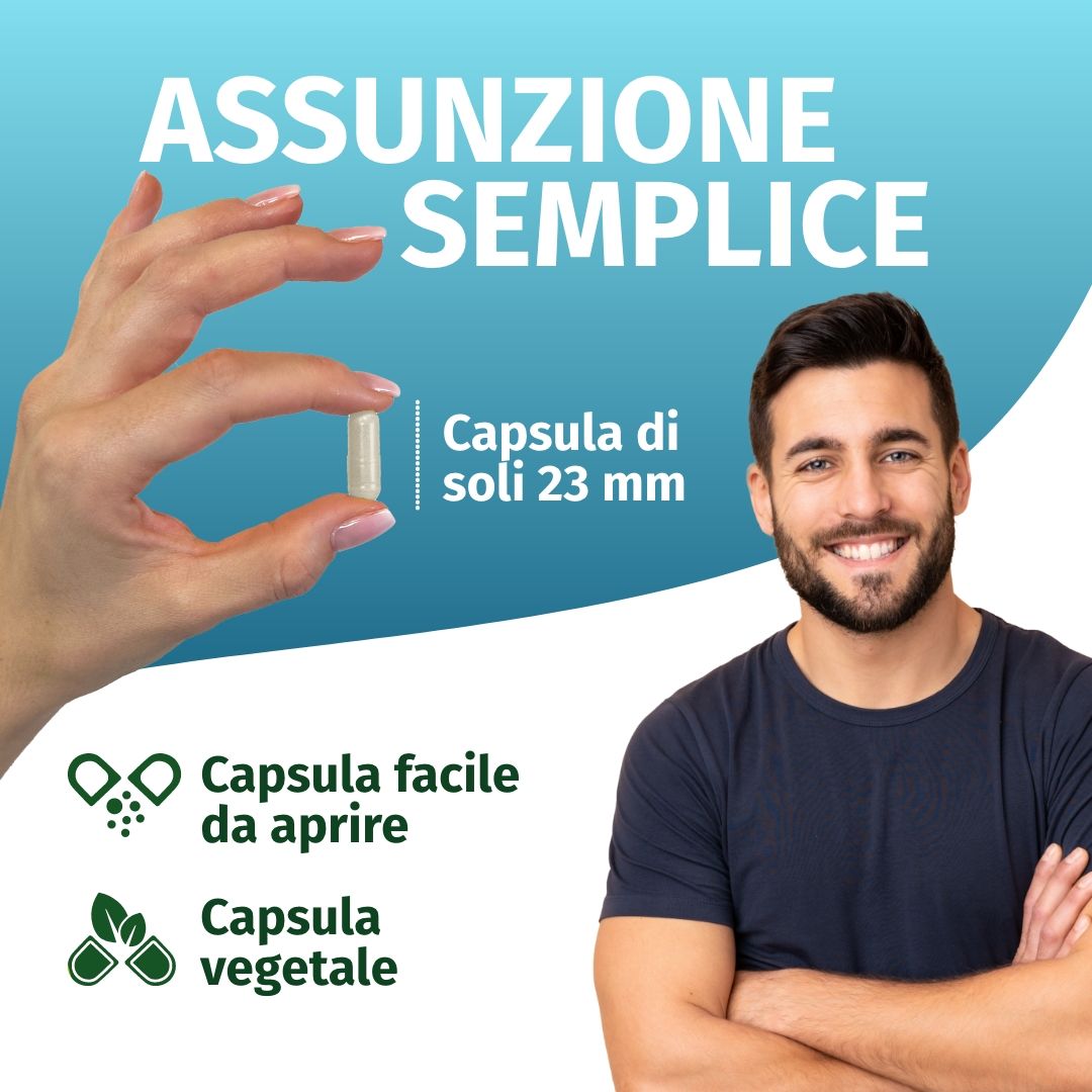 Mano tiene una capsula da 23 mm, accanto a un uomo e icone per facile assunzione e capsula vegetale.