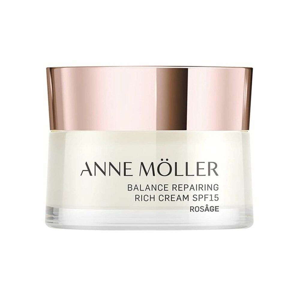 Vasetto di crema con coperchio color oro rosa. Scritta: ANNE MÖLLER, Balance Repairing Rich Cream SPF15, Rosâge.