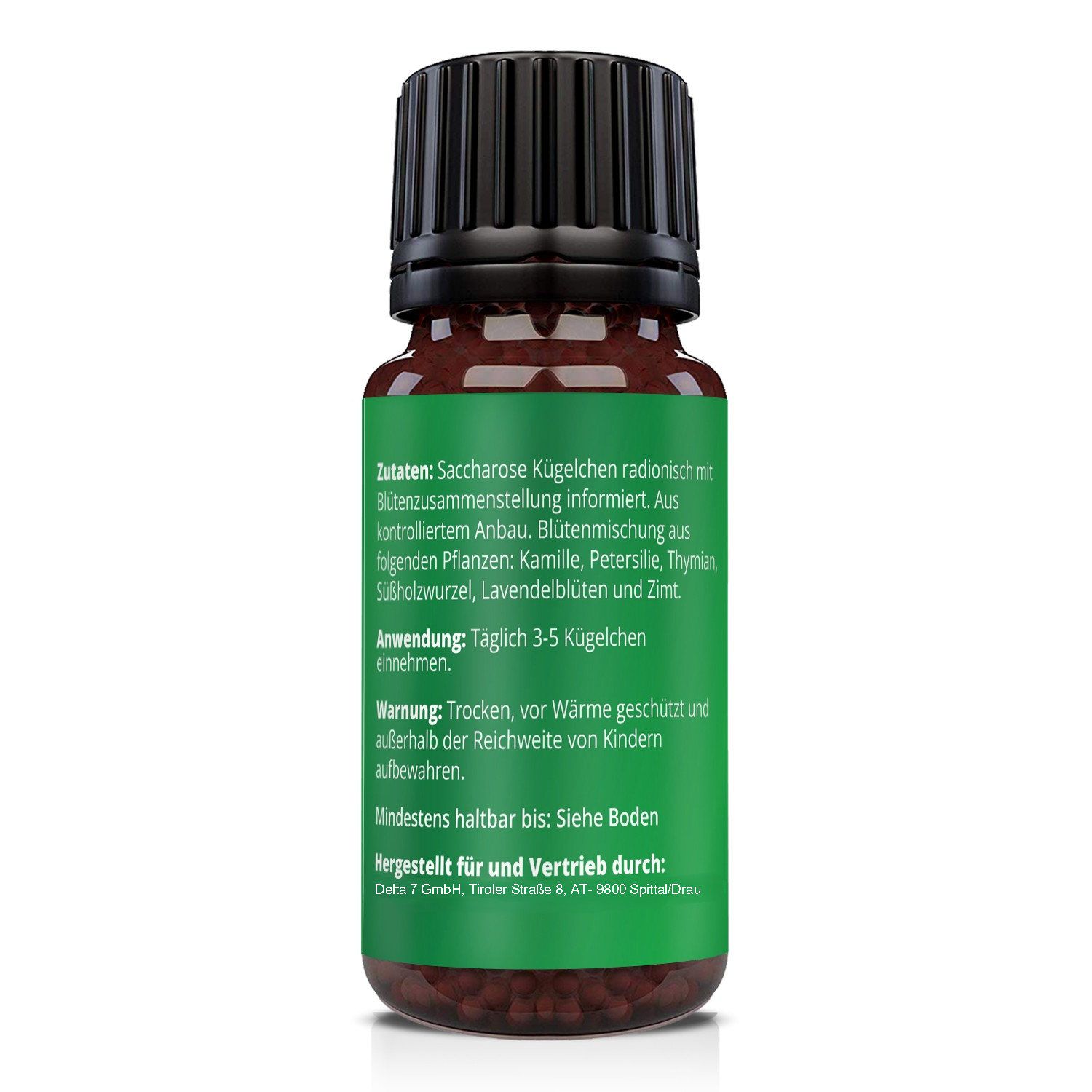 Retro del flacone di vetro marrone con tappo nero. Testo: Ingredienti, uso, avvertenze. Da consumarsi preferibilmente entro: Vedi fondo.