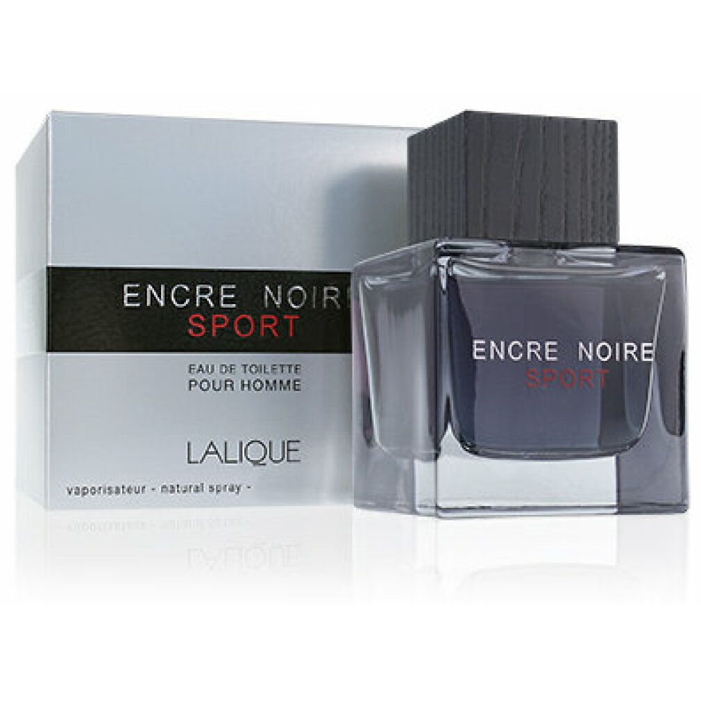 Flacone e confezione Encre Noire Sport. Flacone quadrato, tappo nero. Confezione bianca con testo nero e rosso. Flacone e confezione in piedi.