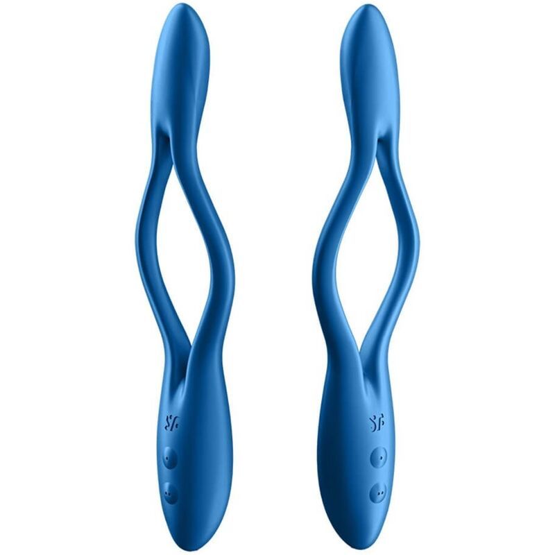 Due vibratori blu. Forma curva con apertura. Due pulsanti e logo.