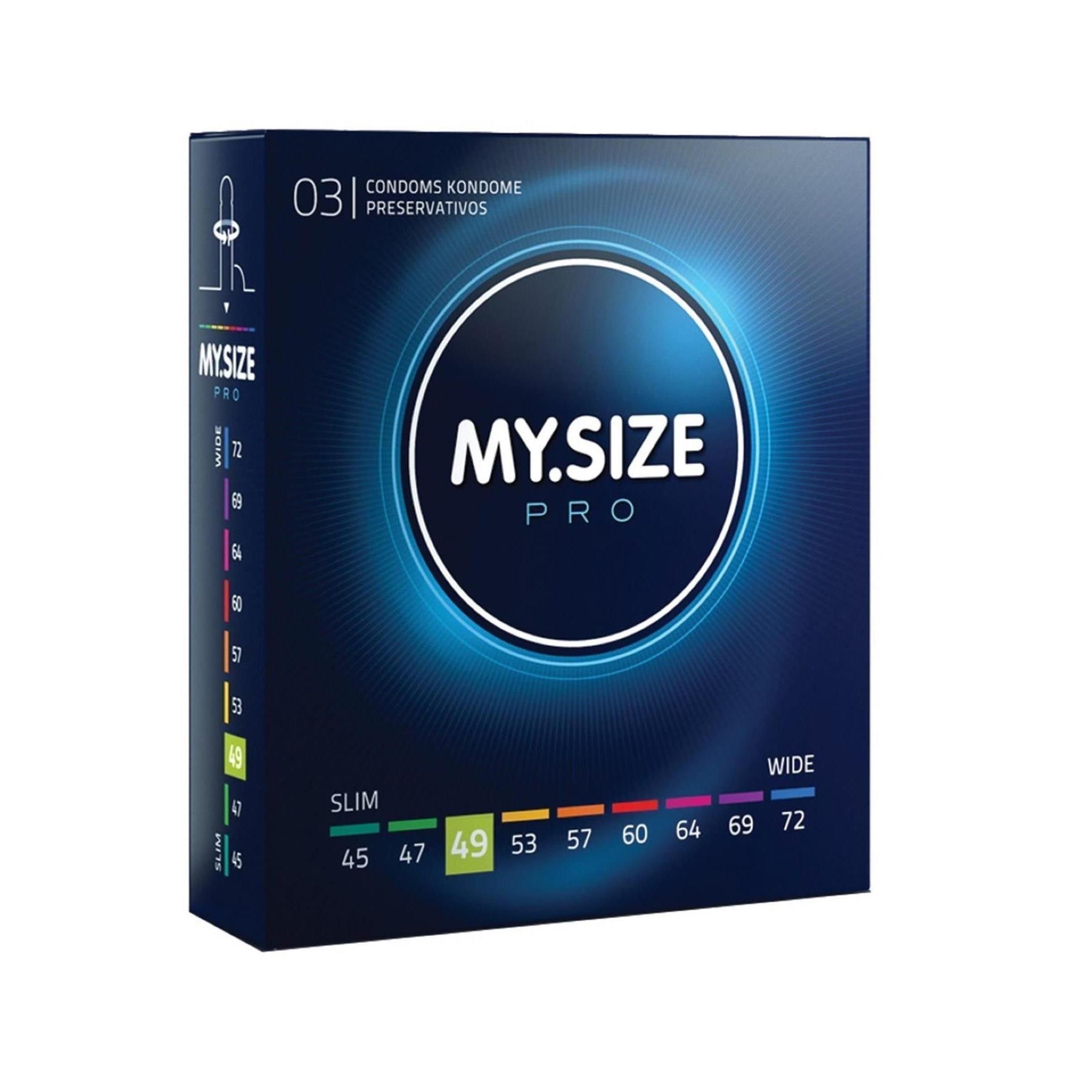 Scatola blu scuro MY.SIZE PRO. Scritte: 49mm, Slim a Wide. In alto: 03, preservativi. Lati: indicazioni taglie.