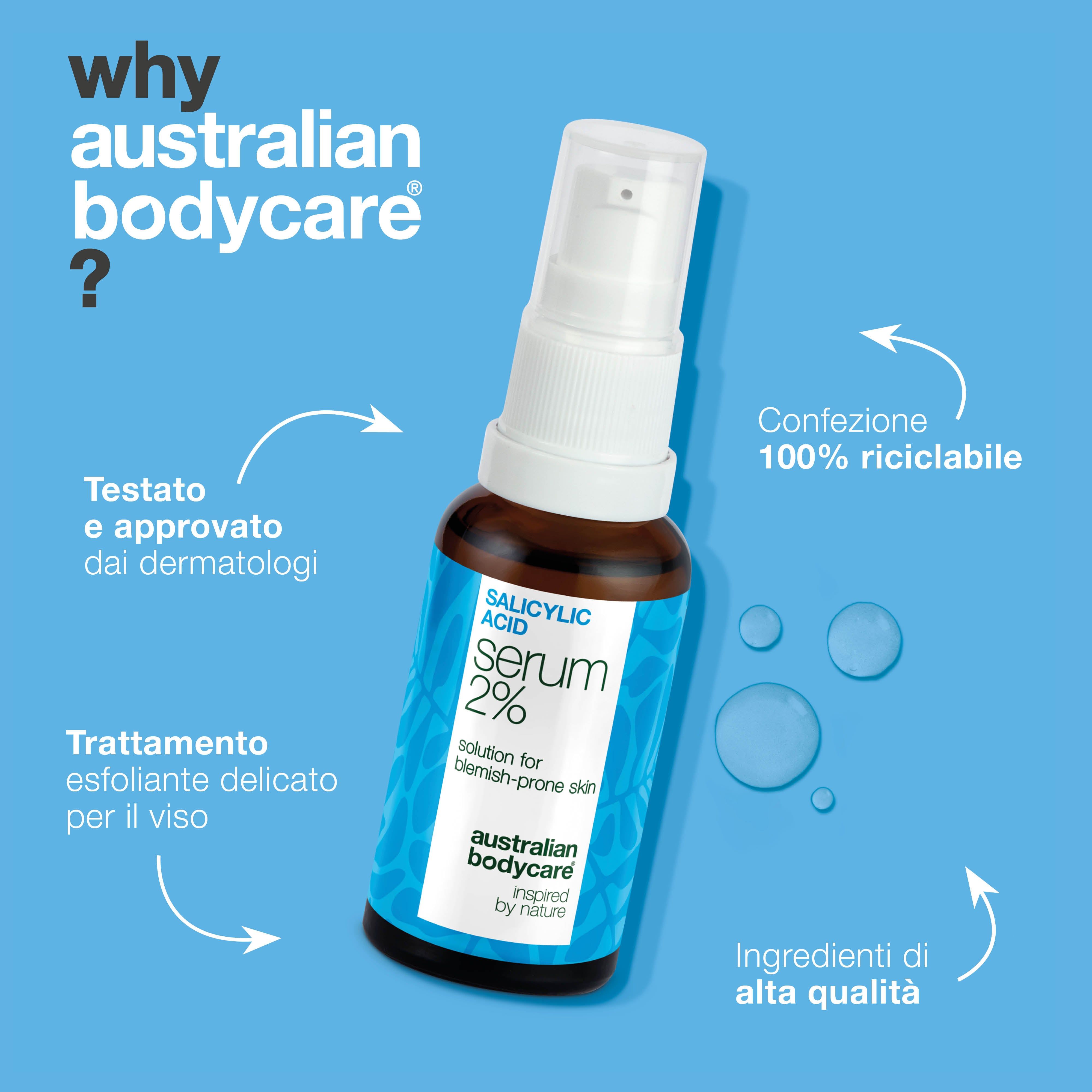 Flacone su sfondo blu. Testo: Testato da dermatologi, confezione 100% riciclabile, ingredienti di alta qualità.