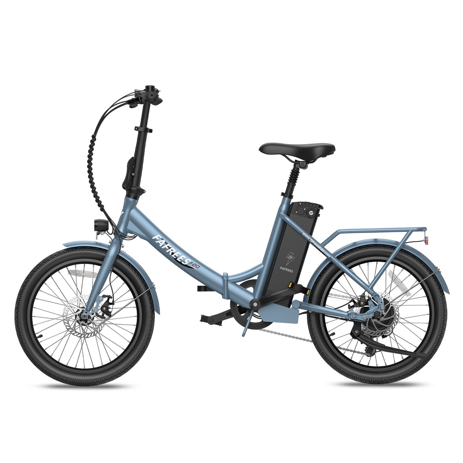 E-bike Fafrees F20 blu. Telaio pieghevole, portapacchi, freni a disco. Batteria sul telaio. Pneumatici e sella neri.