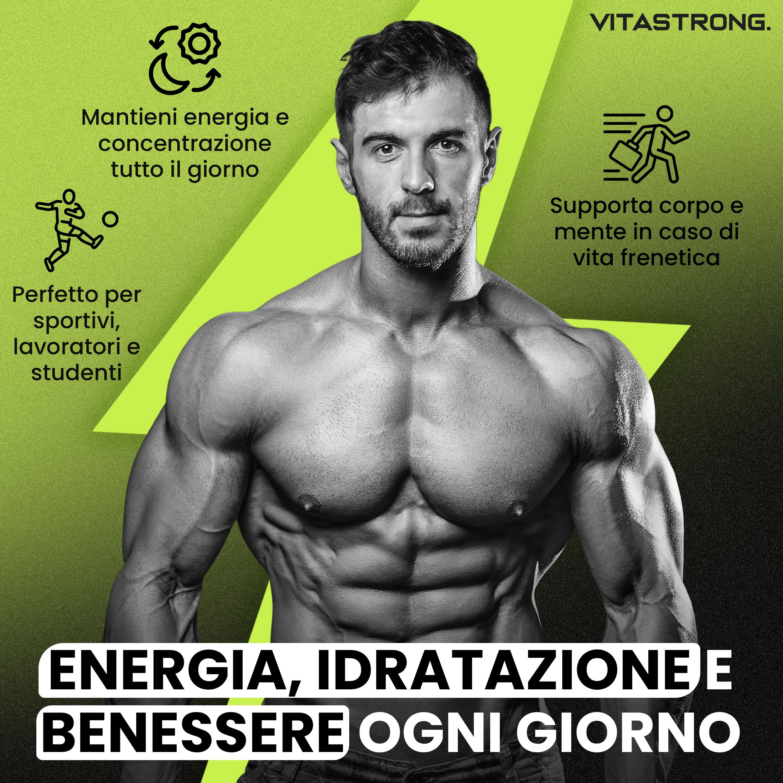 Uomo muscoloso. Testi: energia, concentrazione, sportivi, lavoratori, studenti. "HYDRA PRO".