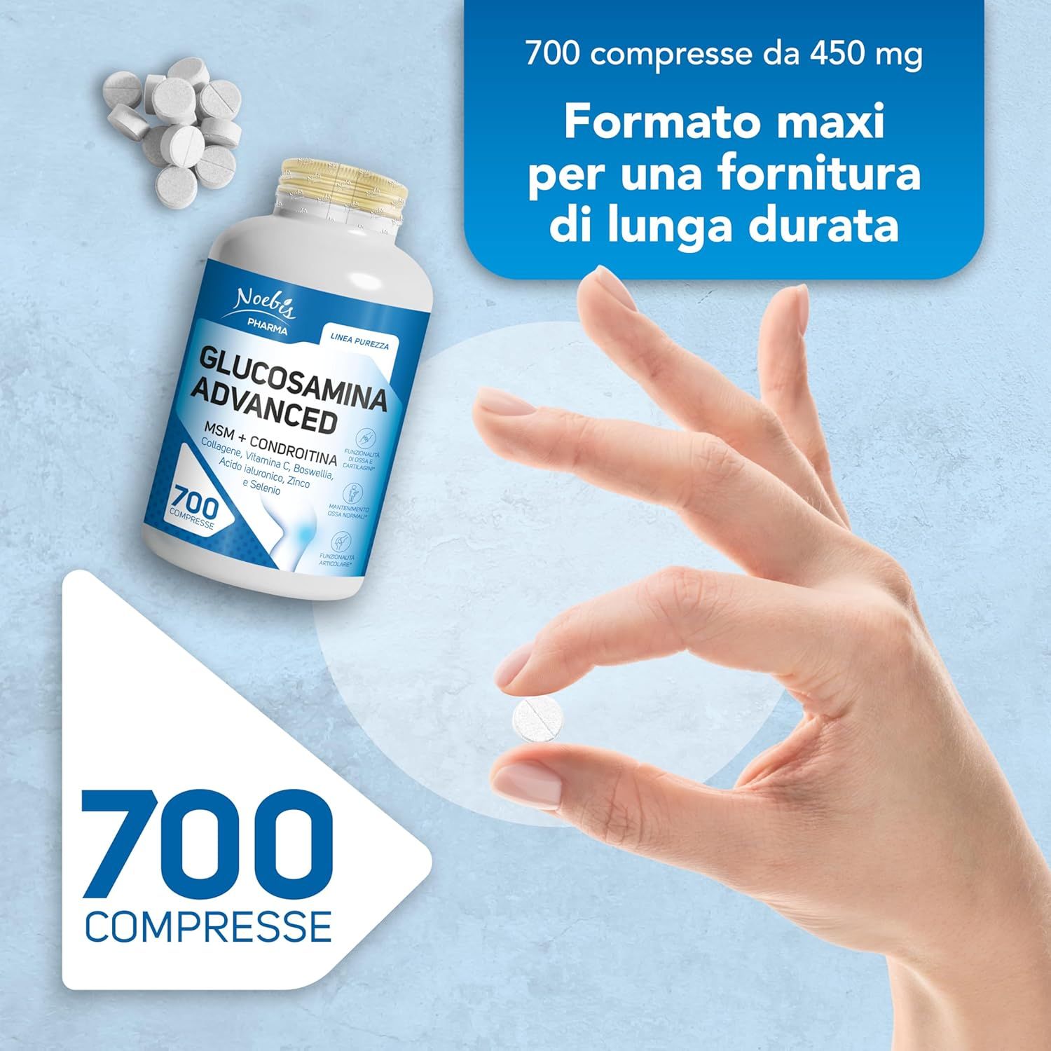Mano tiene una compressa accanto a un flacone Glucosamina Advanced (700 compresse). Testo: 700 compresse, formato maxi.