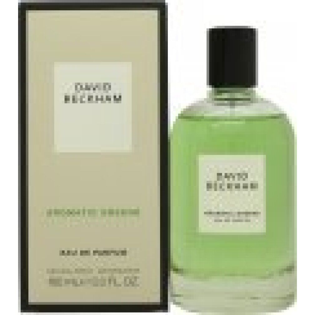 Flacone di profumo e confezione. Flacone verde, etichetta bianca con "DAVID BECKHAM AROMATIC GREENS".