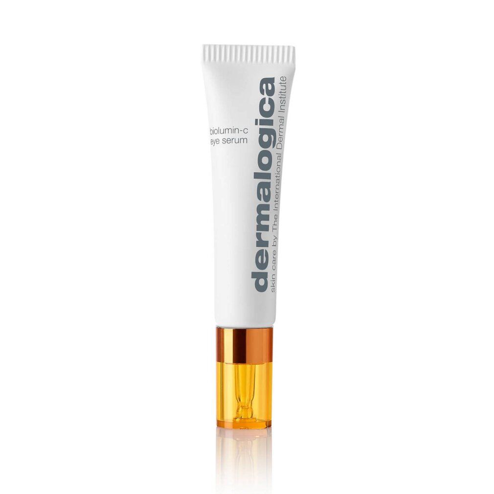 Tubo bianco con tappo dorato. Scritta: biolumin-c eye serum, Dermalogica. Skin care by The International Dermal Institute.