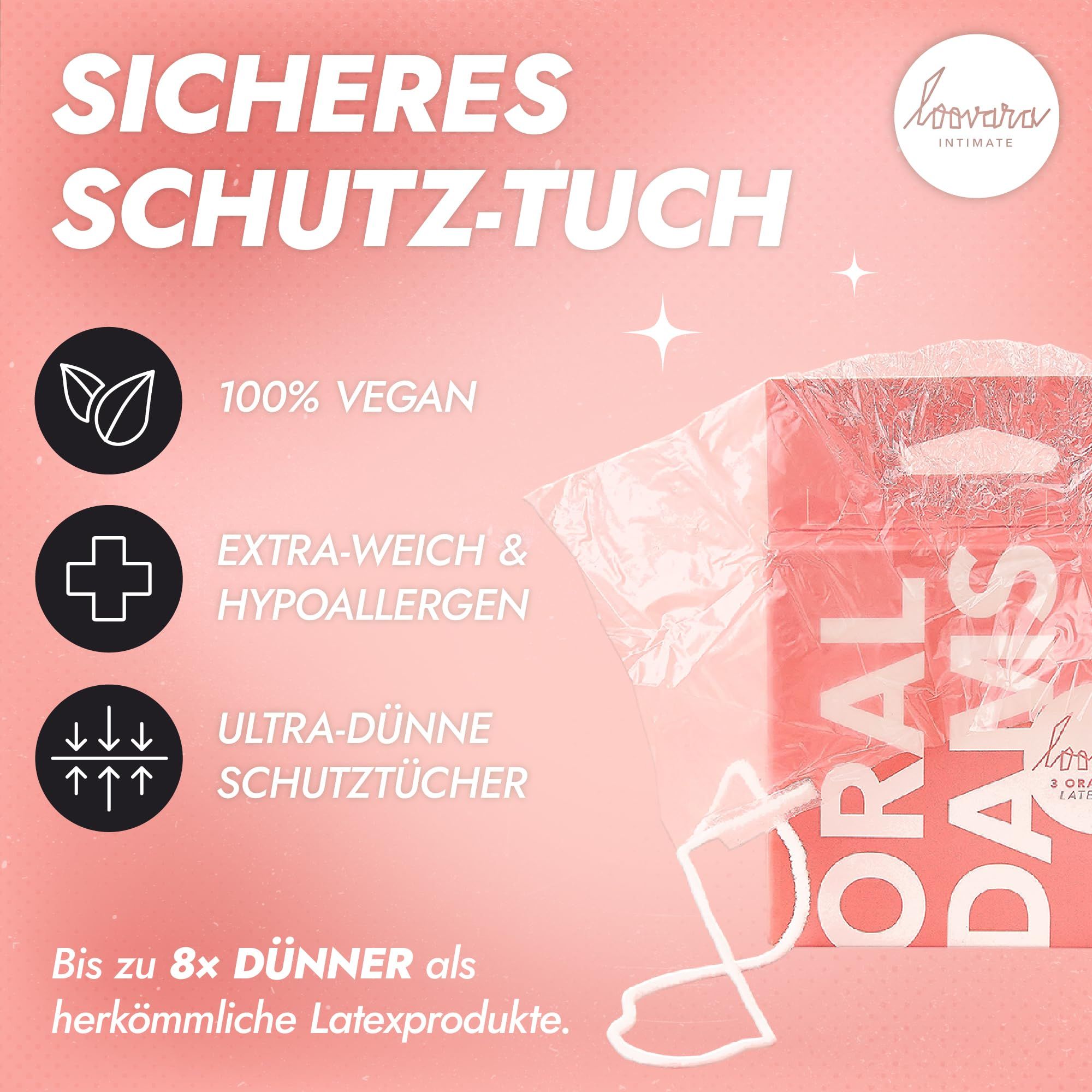 Loovara Oral Dams: 100% vegan, extra morbido, ipoallergenico, ultra-sottile, senza lattice.