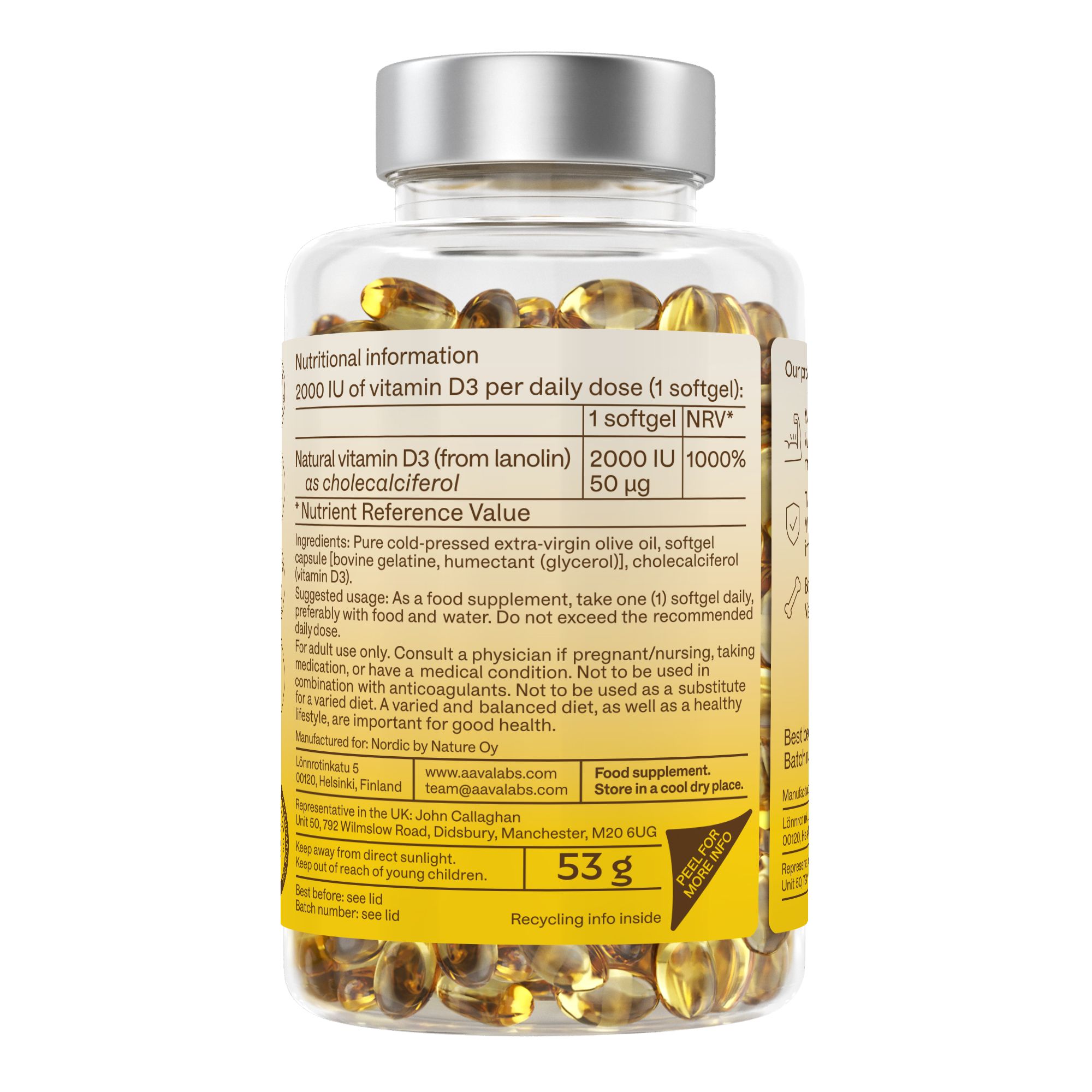 Retro del flacone di vitamina D3. Contiene informazioni su ingredienti, dosaggio e valori nutrizionali. Etichetta gialla.