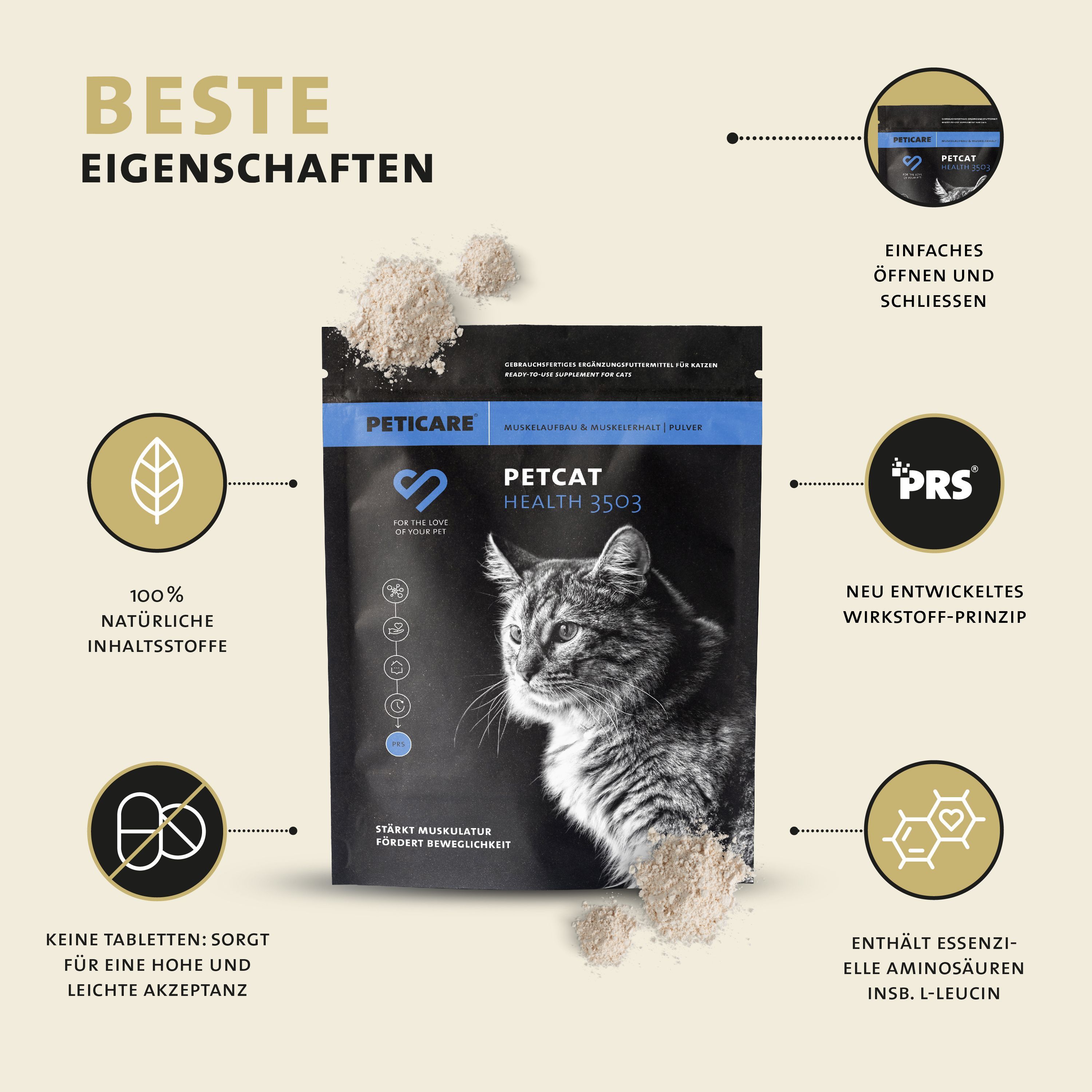 Peticare PETCAT HEALTH 3503 Miscela in polvere. Confezione nera con gatto. Testo: Ingredienti naturali al 100%. Facile da aprire e chiudere.