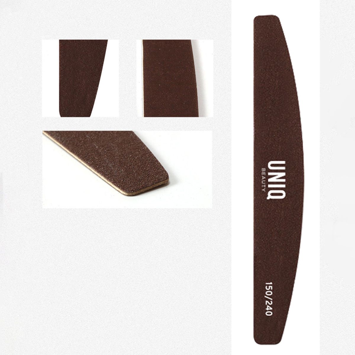 Lima per unghie marrone scuro a mezzaluna, grana 150/240, con bordo bianco.