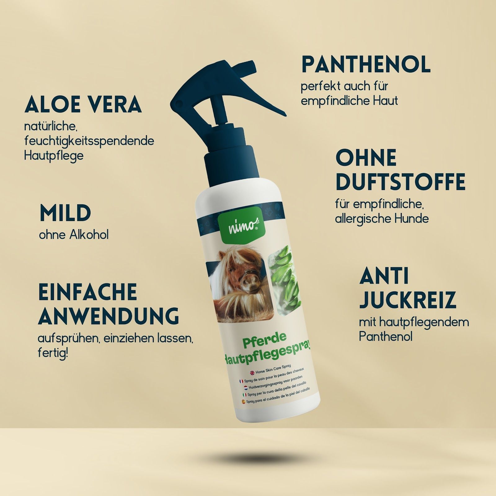 Flacone con spruzzatore. Testo: 'Aloe Vera', 'Delicato', 'Facile applicazione', 'Pantenolo', 'Senza profumo', 'Anti-prurito'.