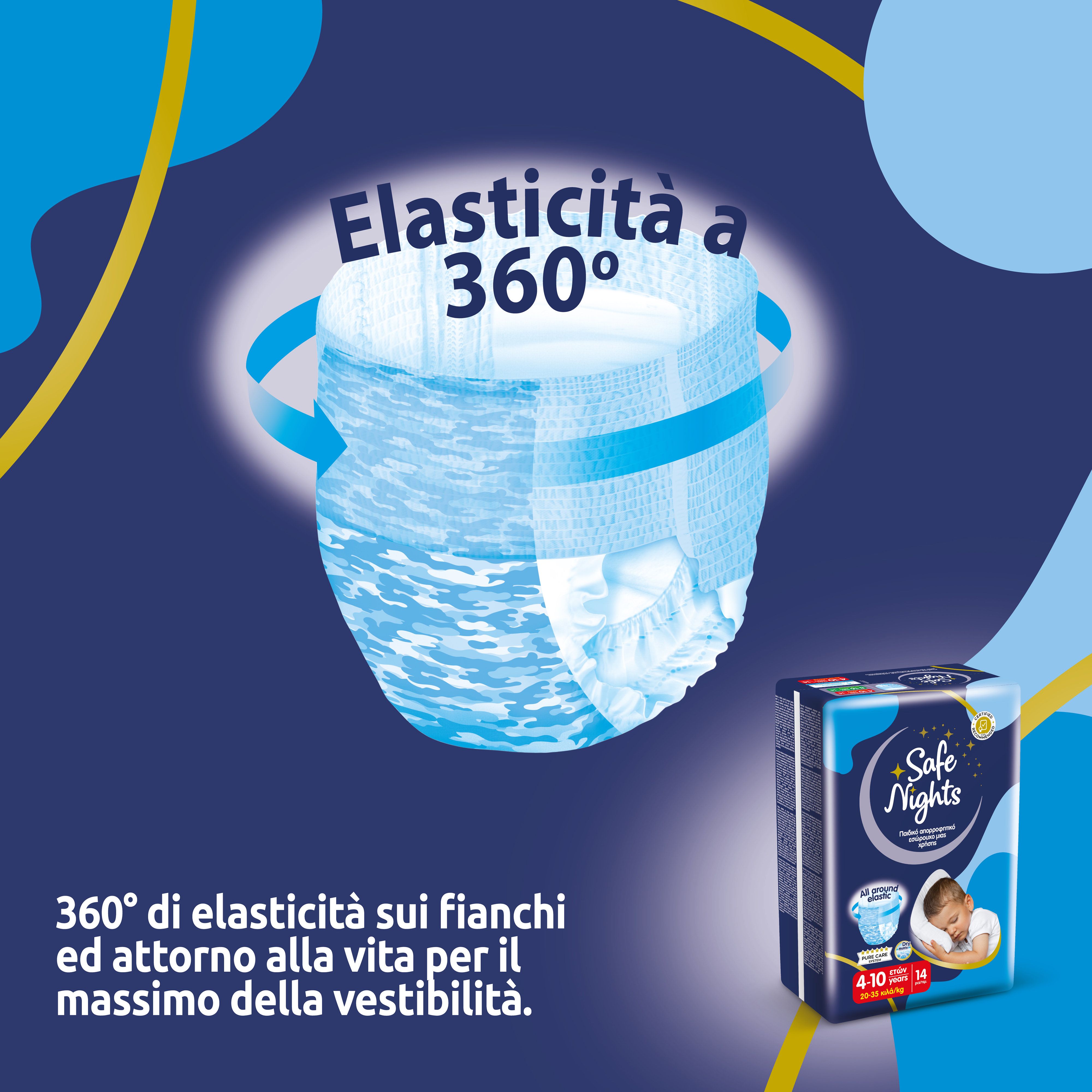Pannolino con elasticità a 360°. Testo: Elasticità a 360° sui fianchi per la massima vestibilità. Confezione di Babylino Safe Nights Boys Pants.