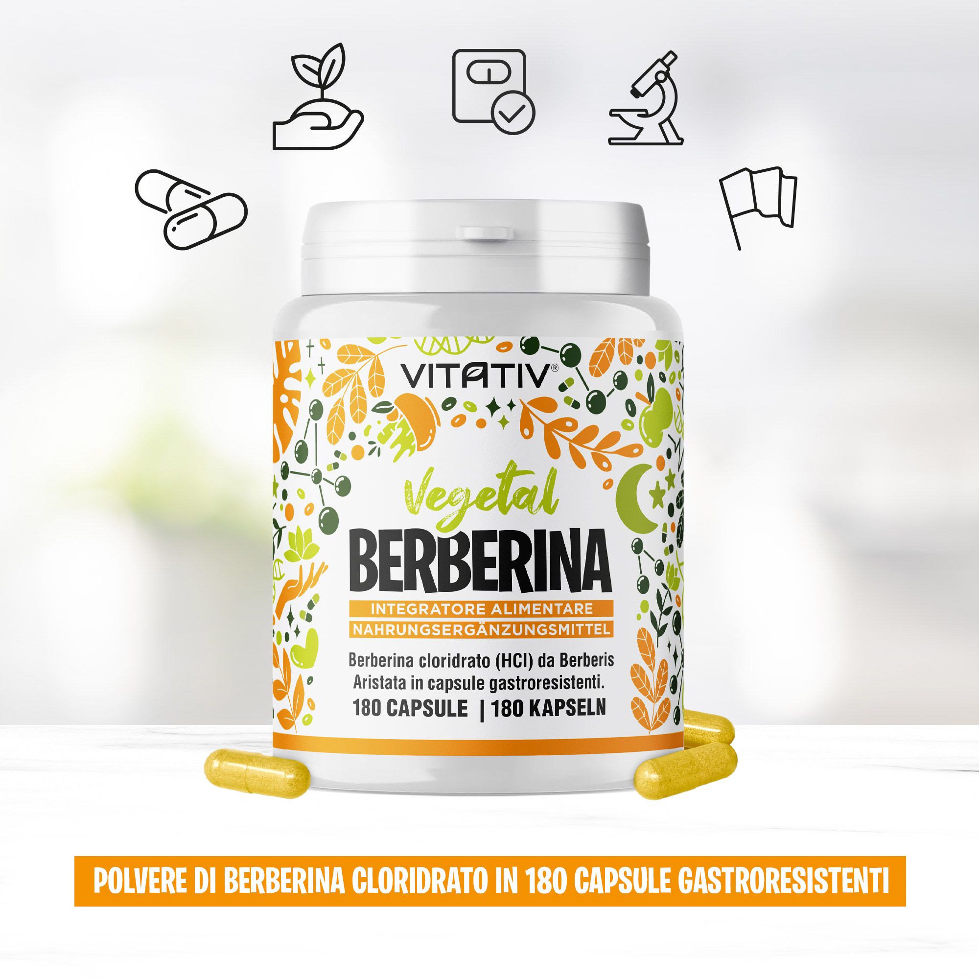 VITATIV® Berberina da Berberis Aristata in 180 Capsule Gastroresistenti da 300mg, HCl Alta Purezza