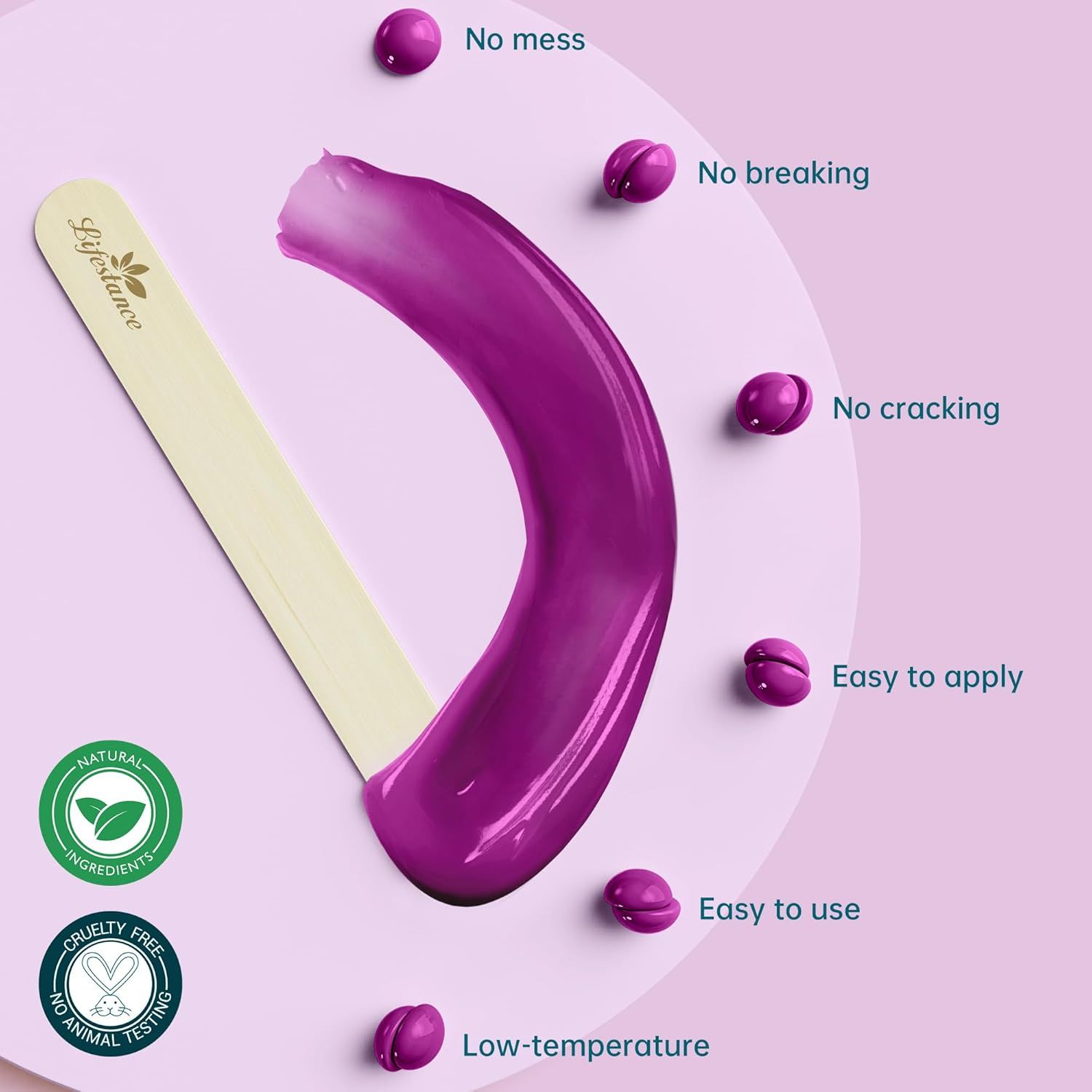 Perle di cera viola, cera su spatola di legno. Testo: Lifestance. Simboli: naturale, cruelty-free.