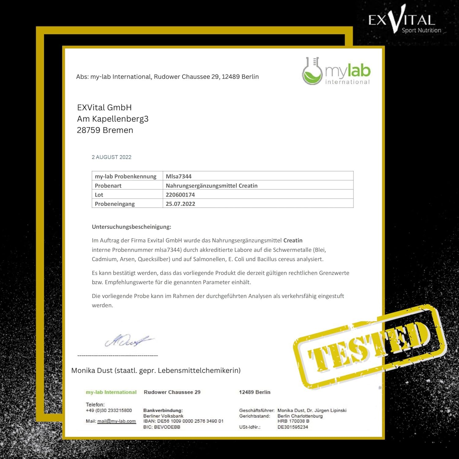 Rapporto di laboratorio. Testo: mylab international, Denominazione campione: Integratore alimentare Creatina. Timbro: TESTATO.