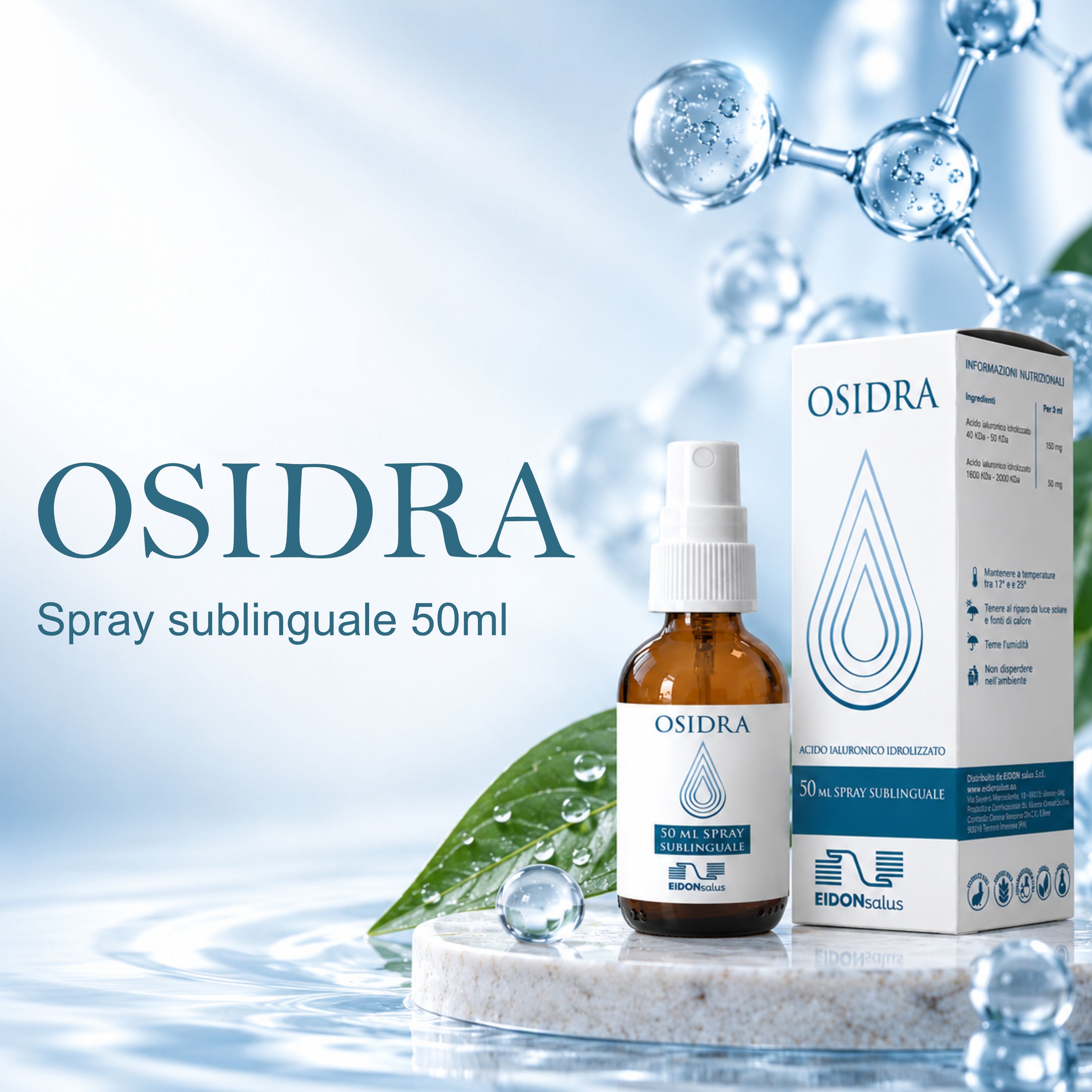 Spray OSIDRA: flacone in vetro ambrato con erogatore bianco, accanto alla scatola. Simbolo goccia d'acqua.