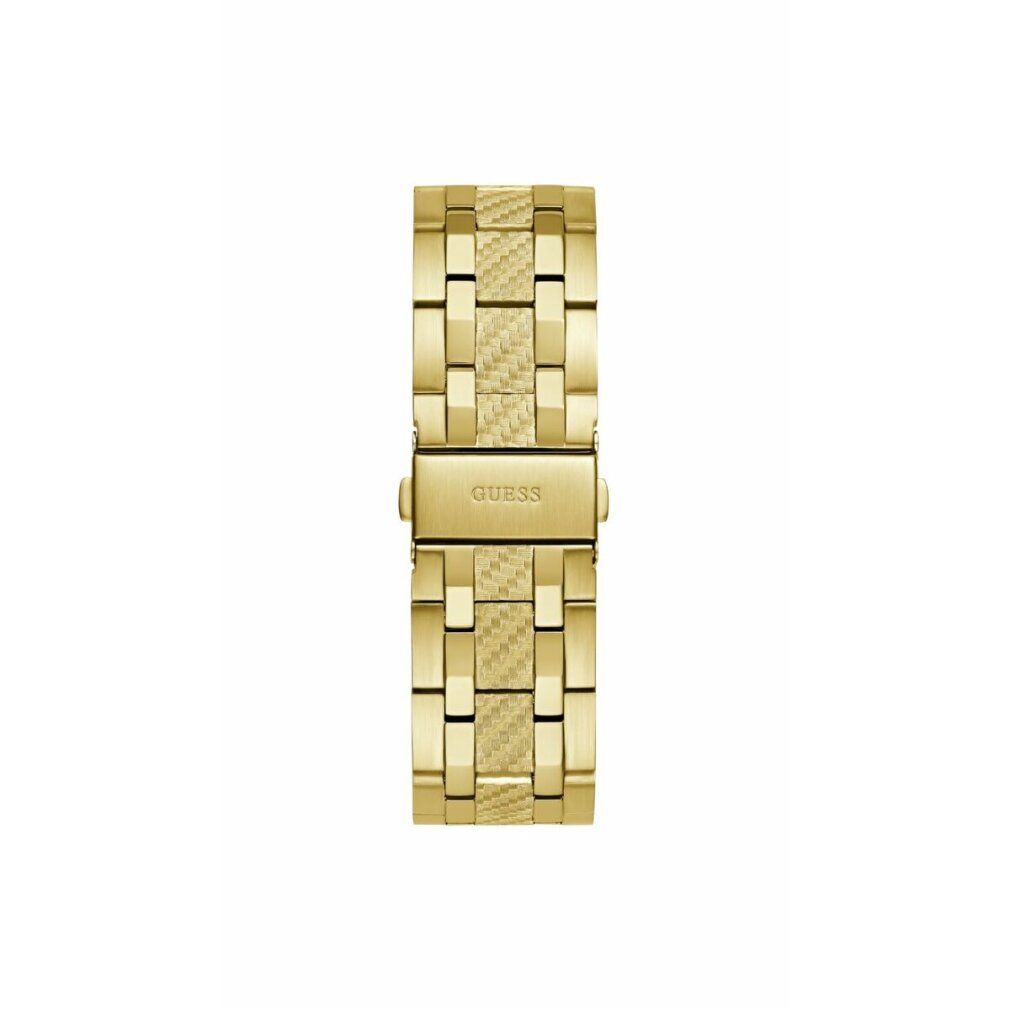 Cinturino dorato di un orologio. Chiusura con incisione GUESS.