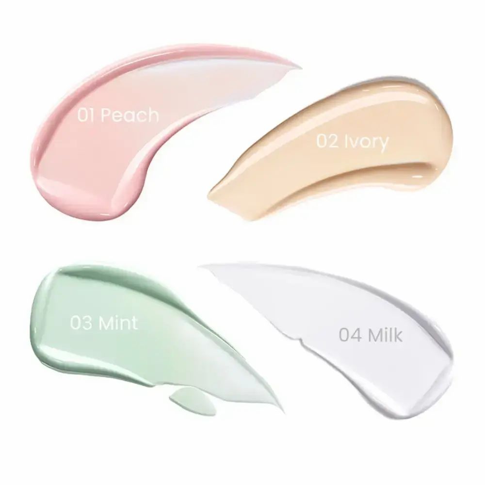 Quattro primer per il trucco in diversi colori. 01 Pesca, 02 Avorio, 03 Menta, 04 Latte. Sfumature di colore.