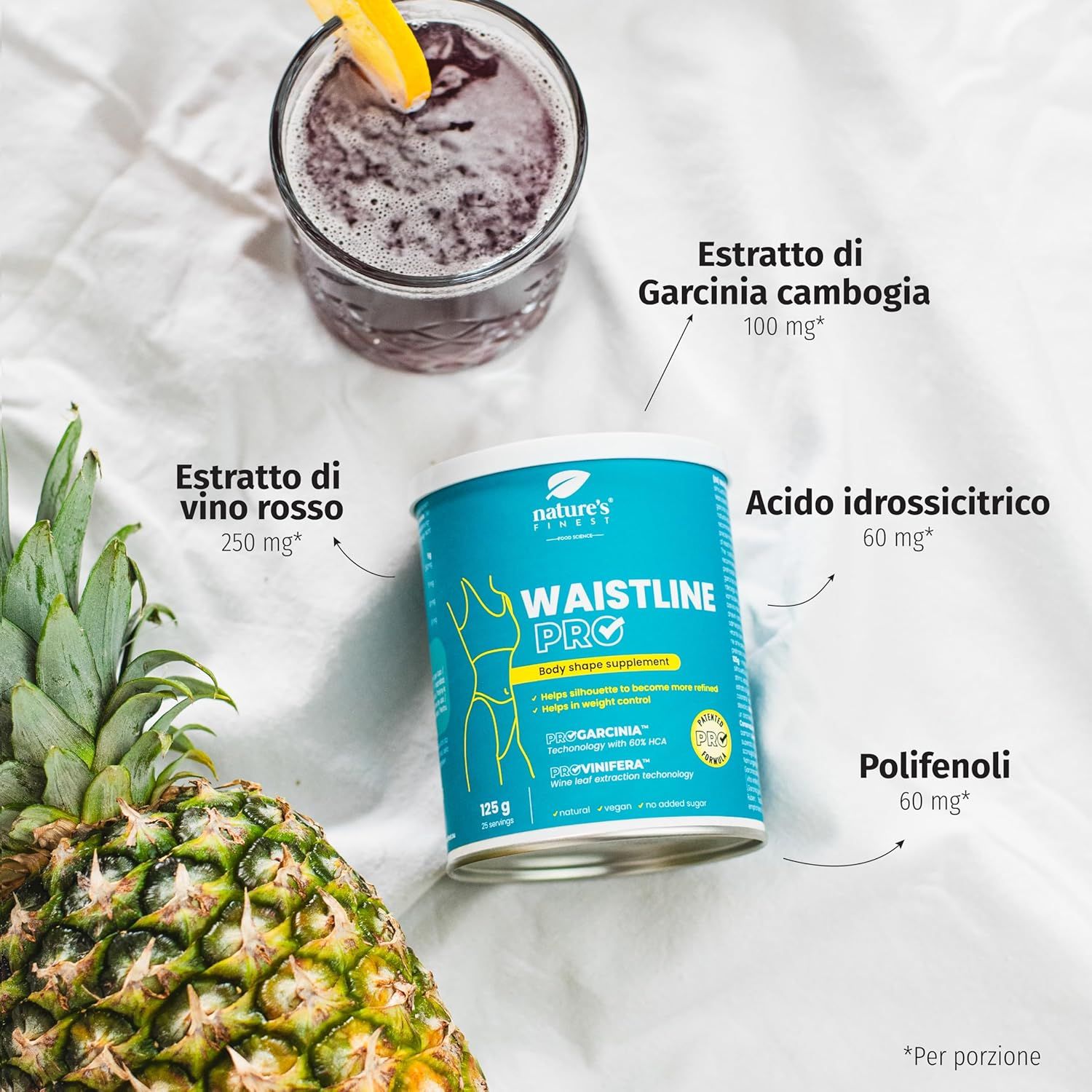 Barattolo "Waistline Pro" vicino ad ananas e bicchiere. Etichette: Garcinia, vino rosso, acido idrossicitrico, polifenoli.