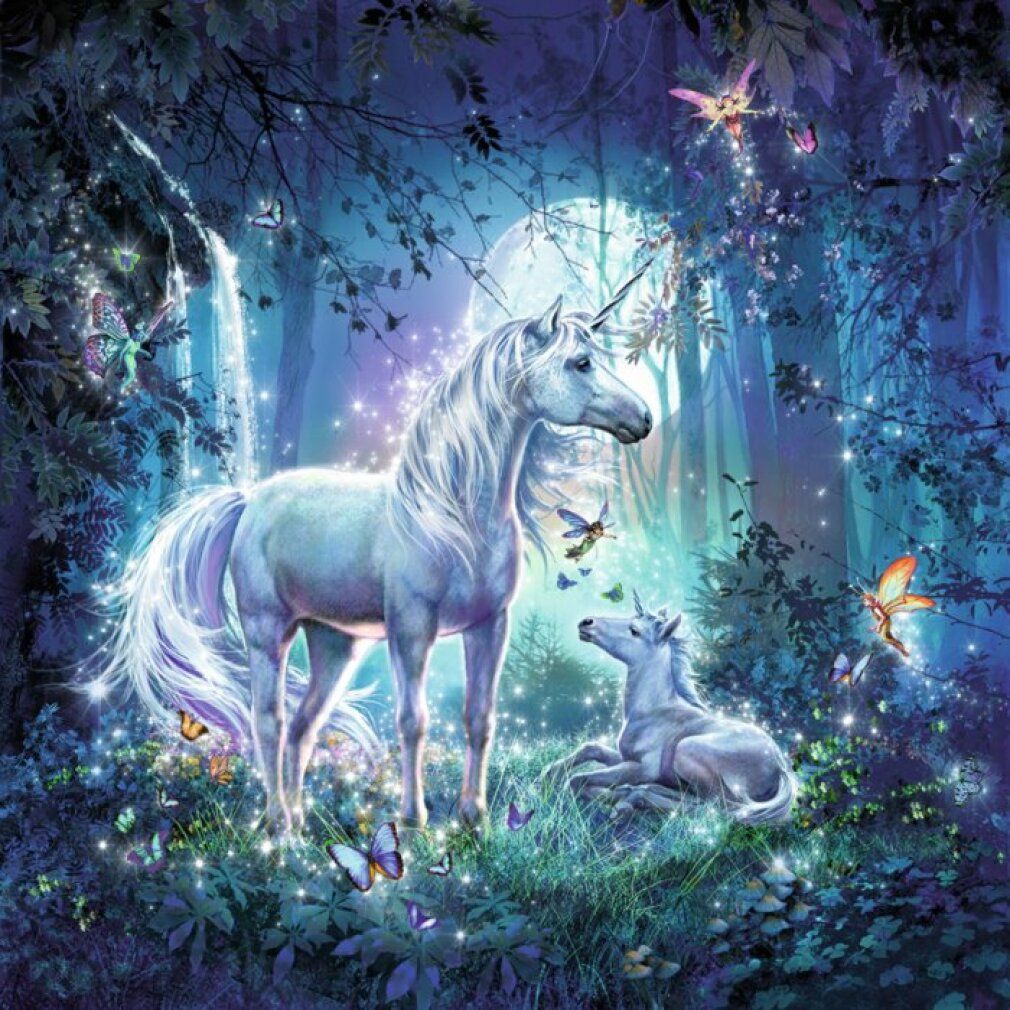 Puzzle con due unicorni in una foresta. Luna, cascata e farfalle. Colori scuri.