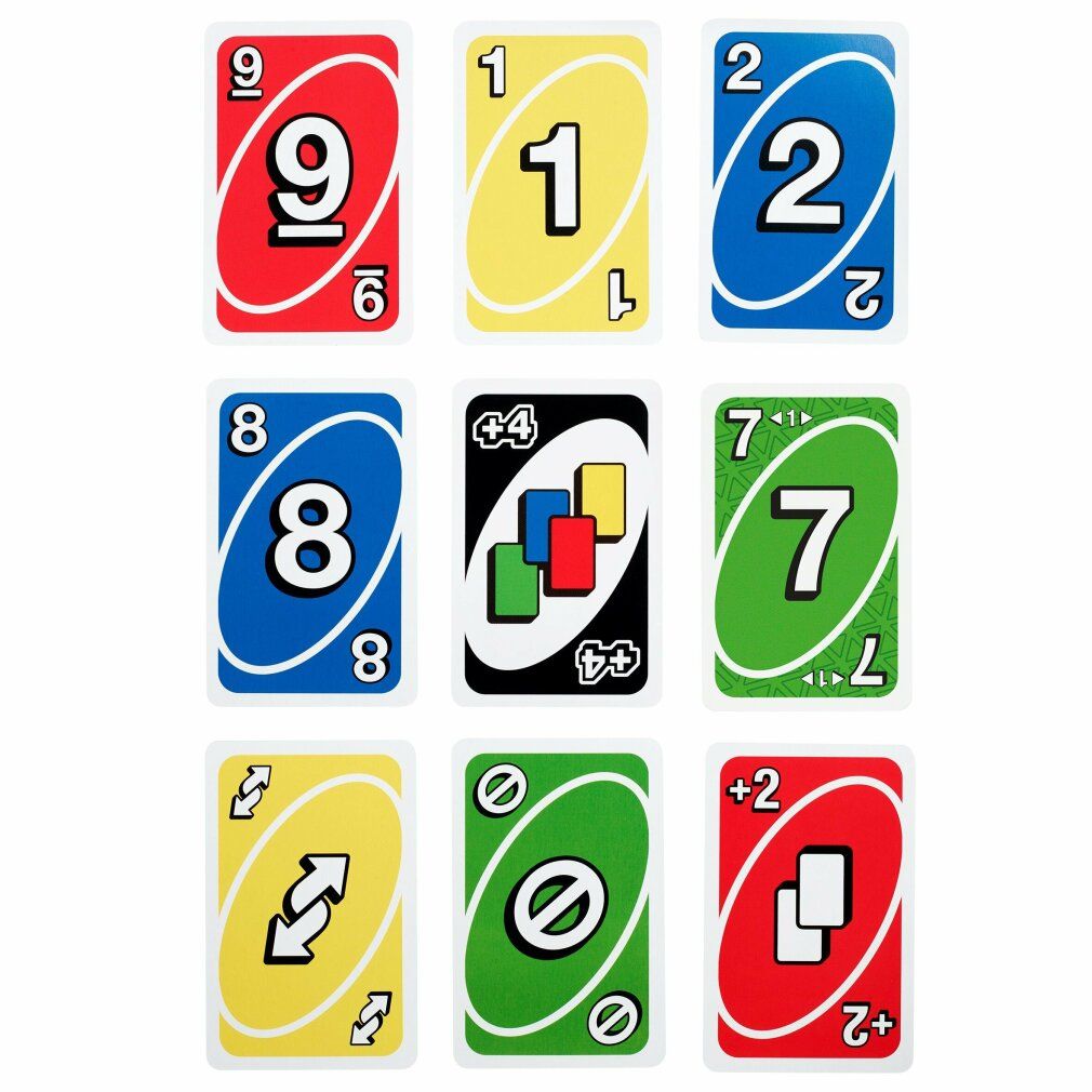 Primo piano delle carte UNO. Varie carte con numeri e carte azione. Colori: rosso, giallo, verde, blu e nero.