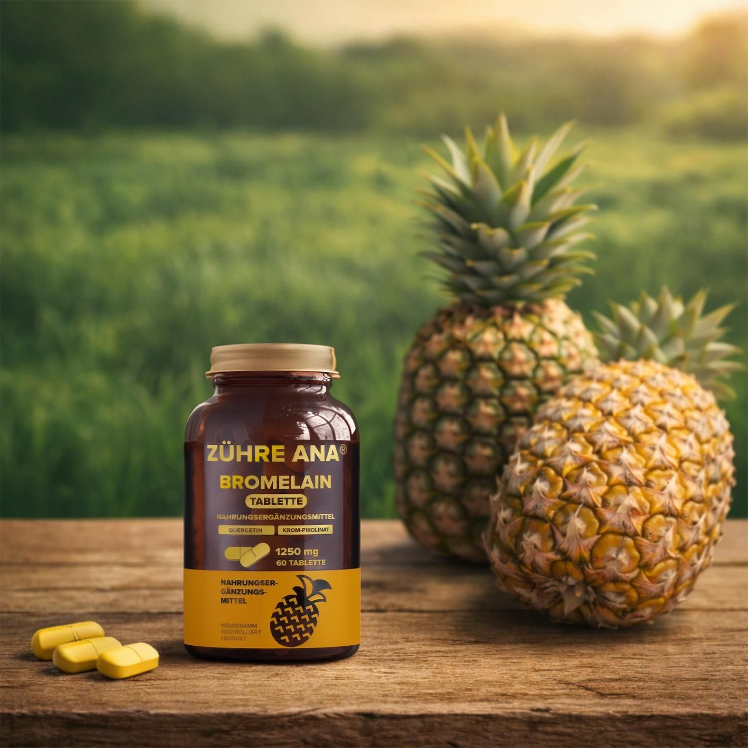 Bottiglia e compresse di bromelina Zühre Ana su una superficie di legno con ananas sullo sfondo.