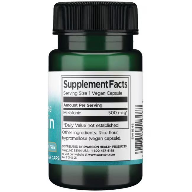 Retro del flacone verde. Scritta: Supplement Facts, Melatonina 500 mcg, 1 capsula vegana.