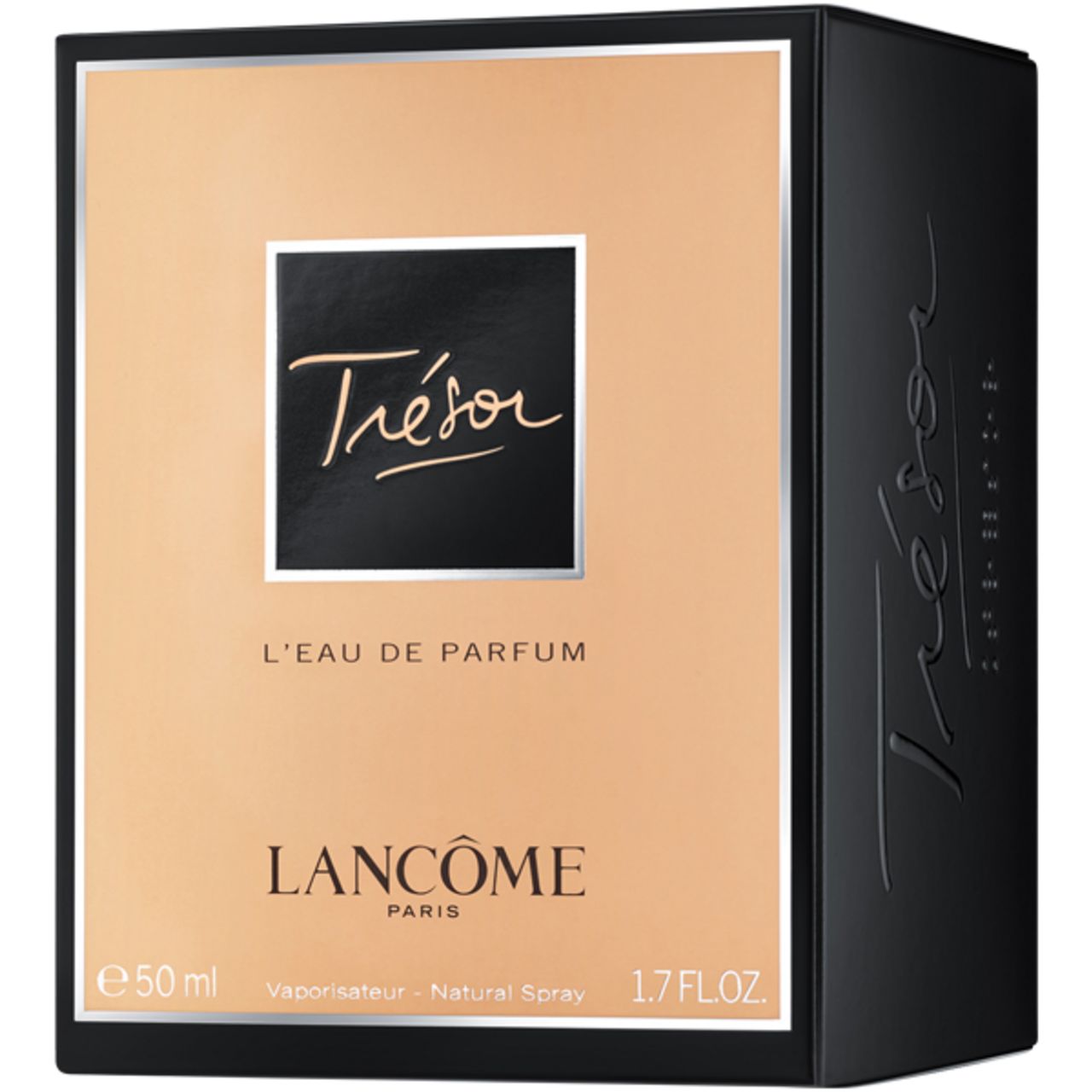 Scatola nera, fronte dorata. Scritta: Trésor, L'Eau de Parfum, Lancôme. Volume: 50 ml, 1.7 FL.OZ.