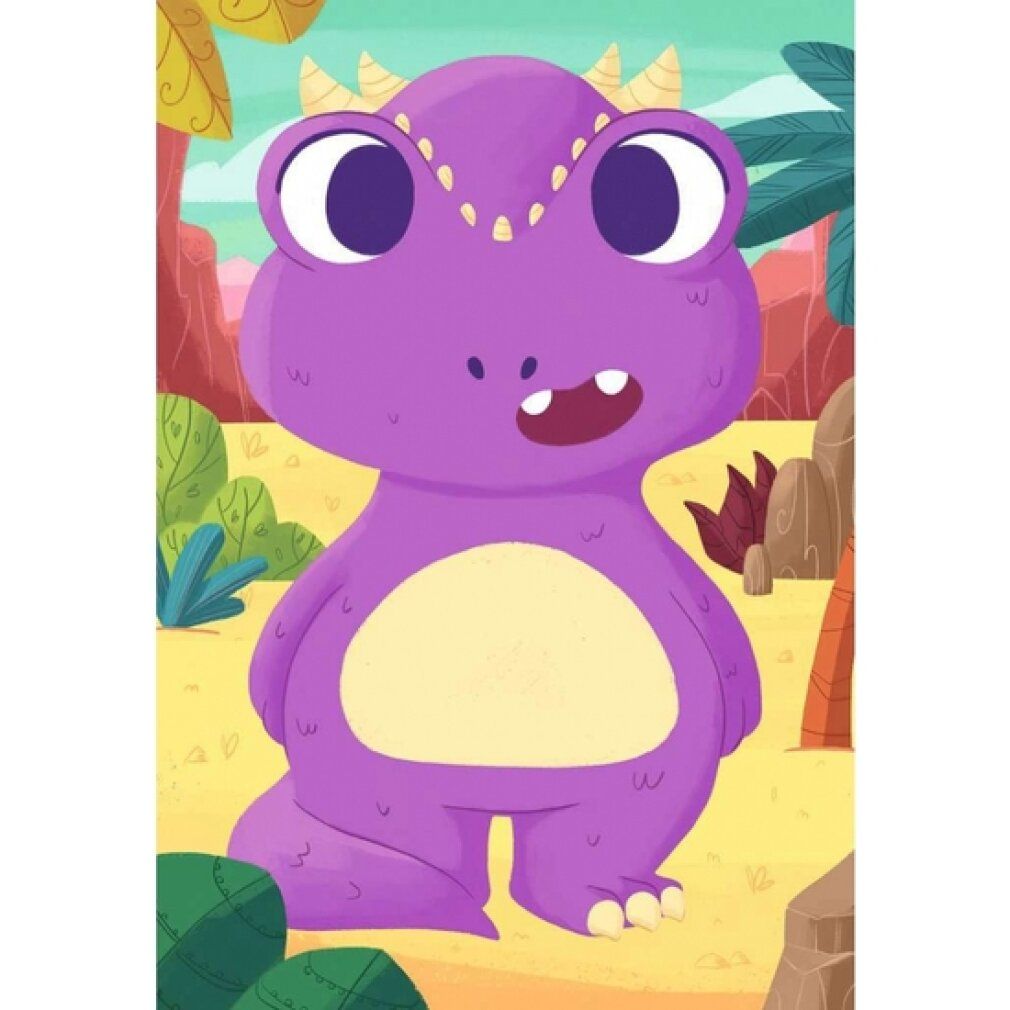 Puzzle dinosauro viola. Pancia gialla, ambiente verde. Stile cartone animato.