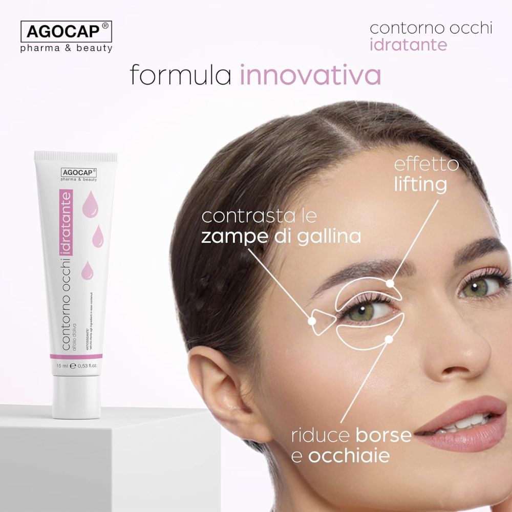 Donna con prodotto. Prodotto: Contorno occhi idratante. Marchio: Agocap. Testo: Formula innovativa.