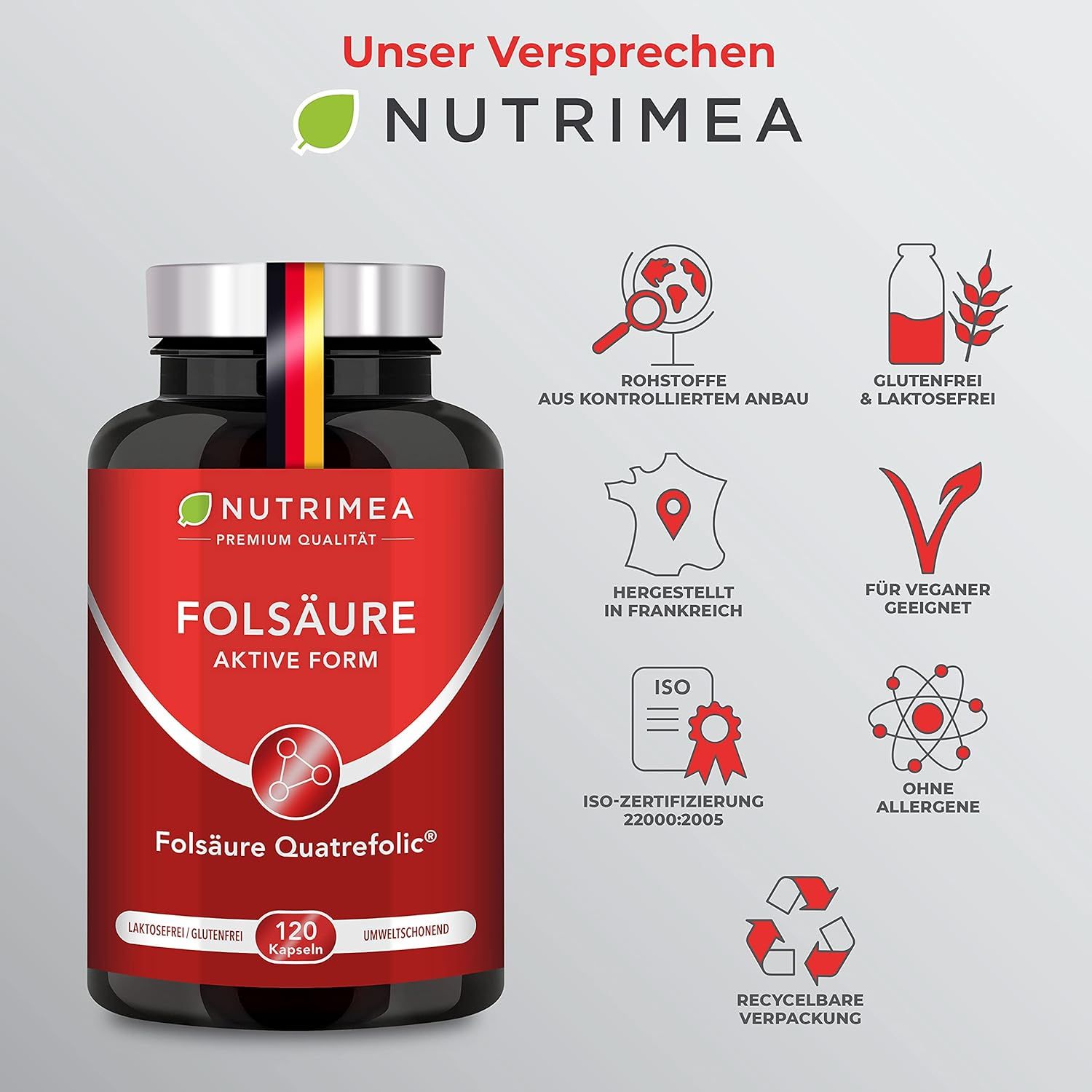 Flacone scuro con etichetta rossa. Contiene capsule di acido folico. Testo: Nutrimea, Folsäure, 120 capsule. Con bandiera tedesca.