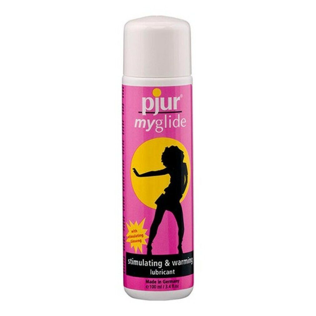Flacone rosa con logo giallo. Scritta: pjur myglide, lubrificante a base d'acqua, stimolante & riscaldante. Silhouette nera.