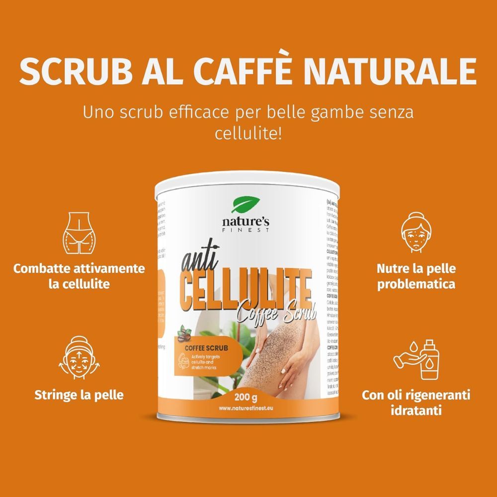 Barattolo 'Anti Cellulite Coffee Scrub'. Sfondo arancione. Testo e icone. Immagine del prodotto.