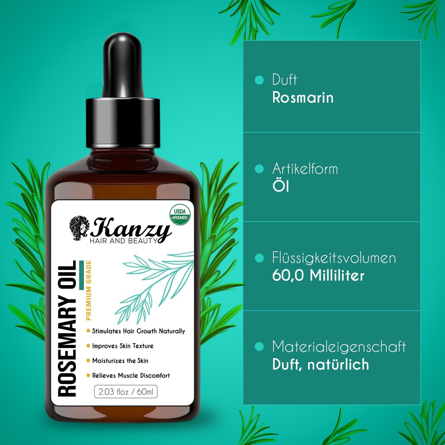 Flacone di vetro marrone con pipetta. Etichetta con informazioni sul prodotto. Testo: Kanzy, Olio di rosmarino, 60ml. Informazioni aggiuntive: profumo, forma, volume, proprietà.