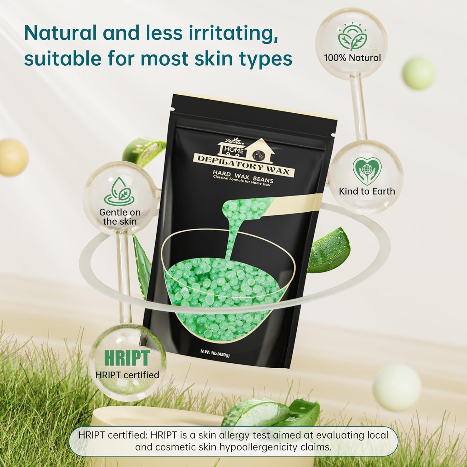 Confezione nera con perle di cera verdi. Testo: Certificato HRIPT, delicato sulla pelle, 100% naturale. Foglie di aloe vera.