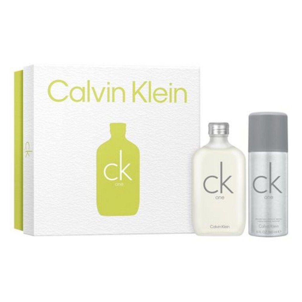 Set regalo Calvin Klein con flacone, deodorante e confezione. Set bianco con accento verde. Logo Calvin Klein e logo ck.
