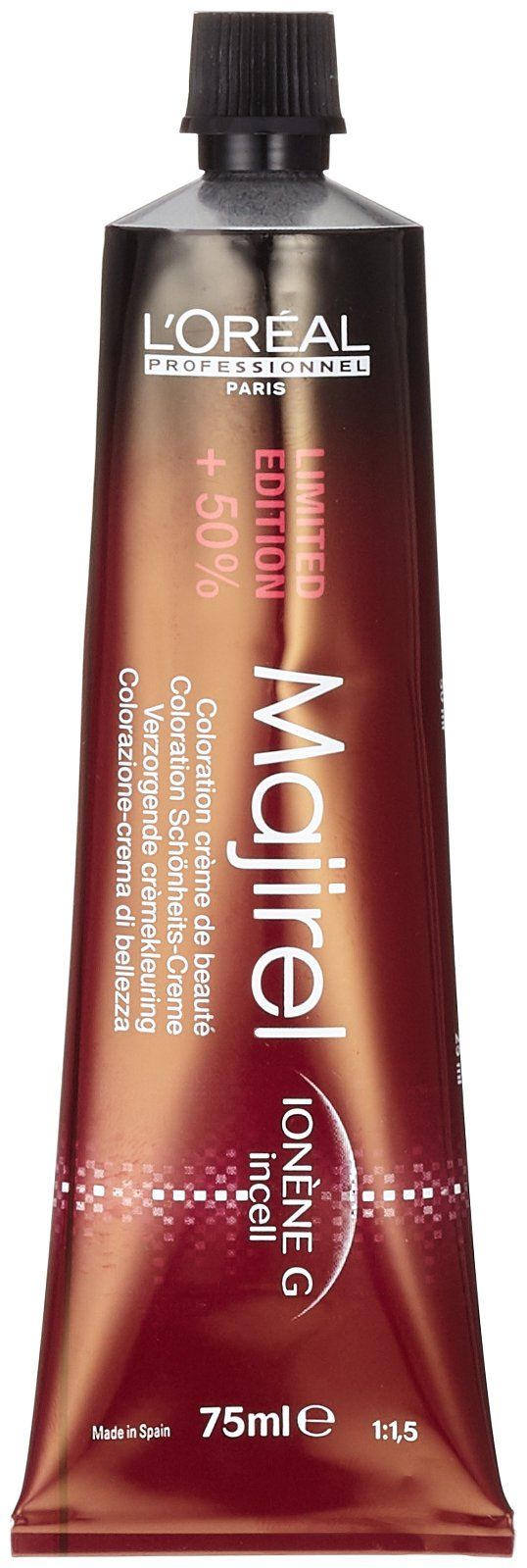 Tubo L'Oréal Professionnel Majirel. Tubo marrone con tappo nero. Contiene testo e scritte.