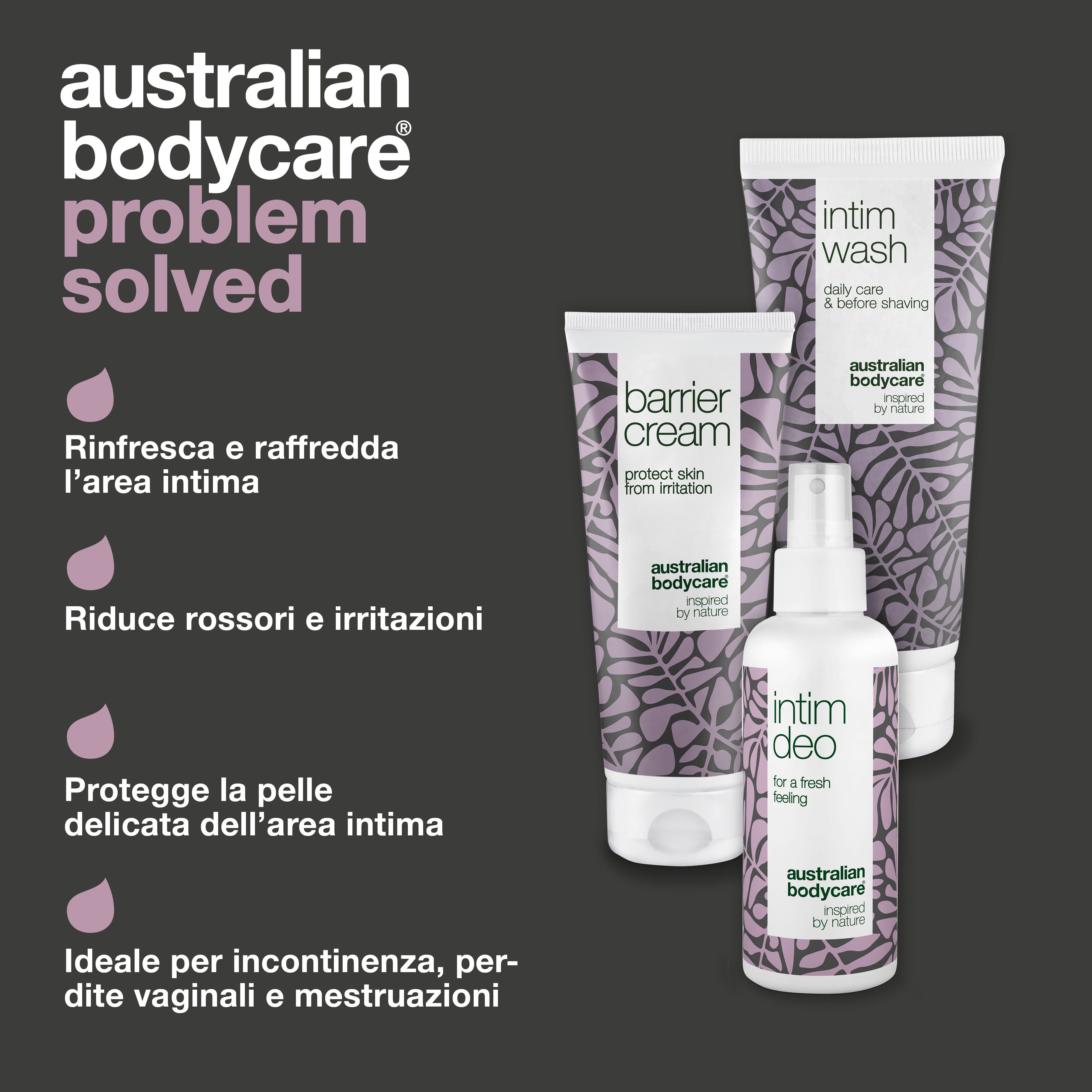 Immagine del prodotto con testo. Prodotti: Intim Wash, Barrier Cream, Intim Deo. Testo: Rinfresca e raffredda. Marchio: Australian Bodycare.