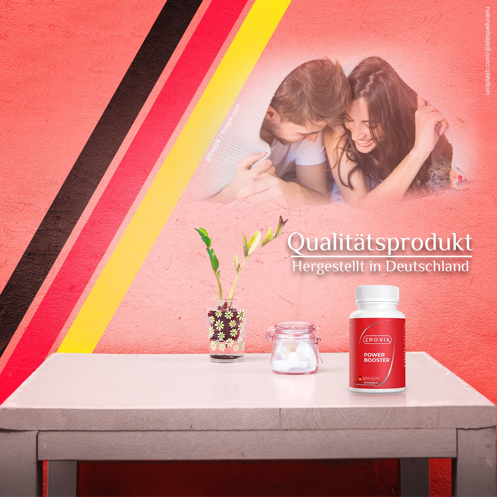 Flacone rosso con tappo bianco. Scritta: EROVIX, POWER BOOSTER. 20 capsule. Sfondo: coppia, tavolo con pianta. Testo: Prodotto di qualità, prodotto in Germania.