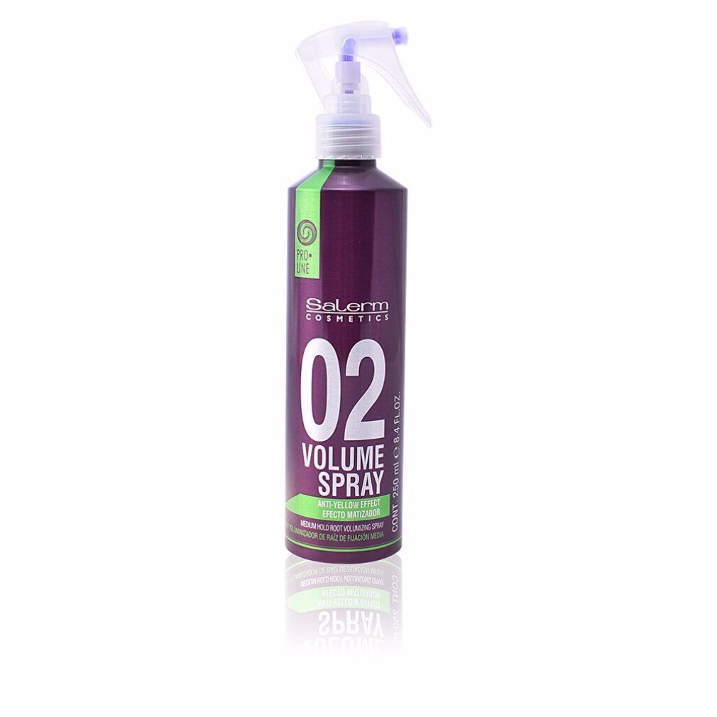 Flacone spray. Scritta: Salerm Cosmetics, 02 Volume Spray. Colori verde e viola. 250 ml.