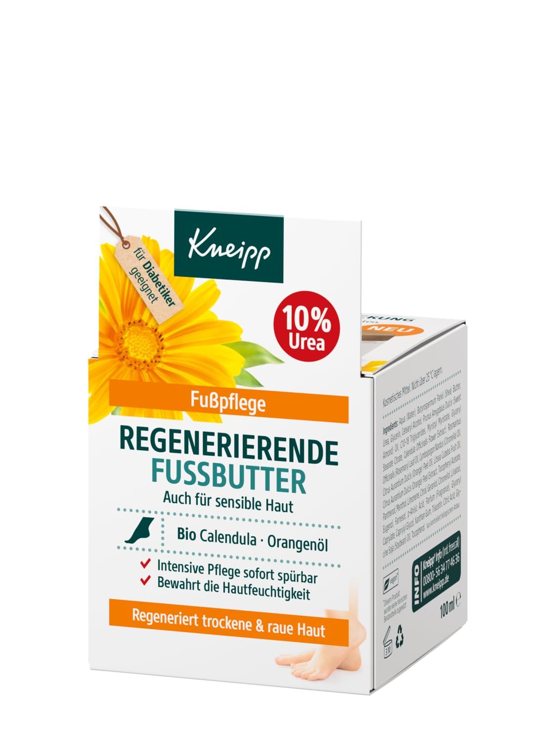 Scatola di burro per i piedi. Scritta: Kneipp, Fussbutter, 10% Urea, Bio Calendula, Olio di arancia. Adatto ai diabetici. Pelle secca e ruvida.
