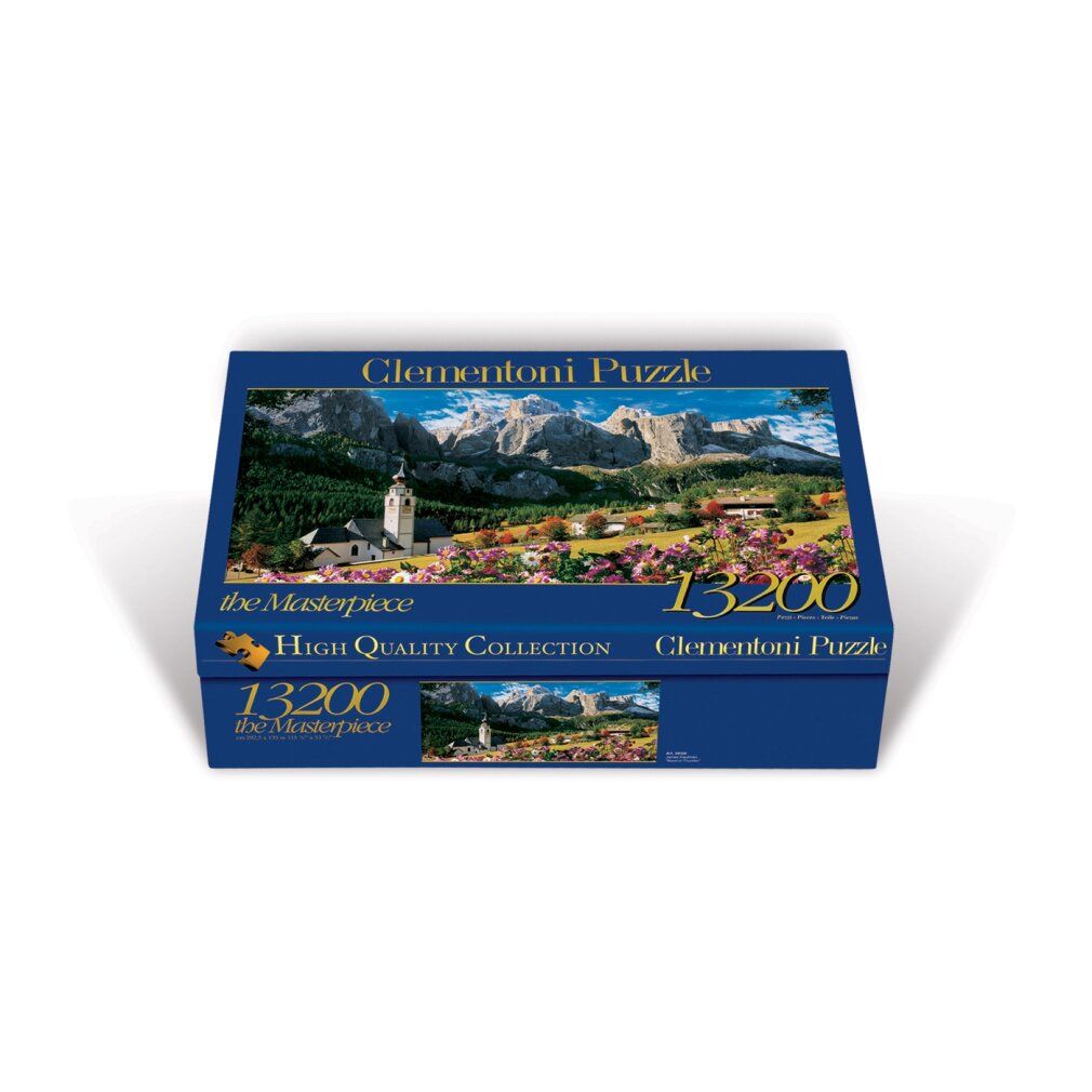 Scatola blu puzzle con paesaggio. Scritte: Clementoni Puzzle, 13200, High Quality Collection.