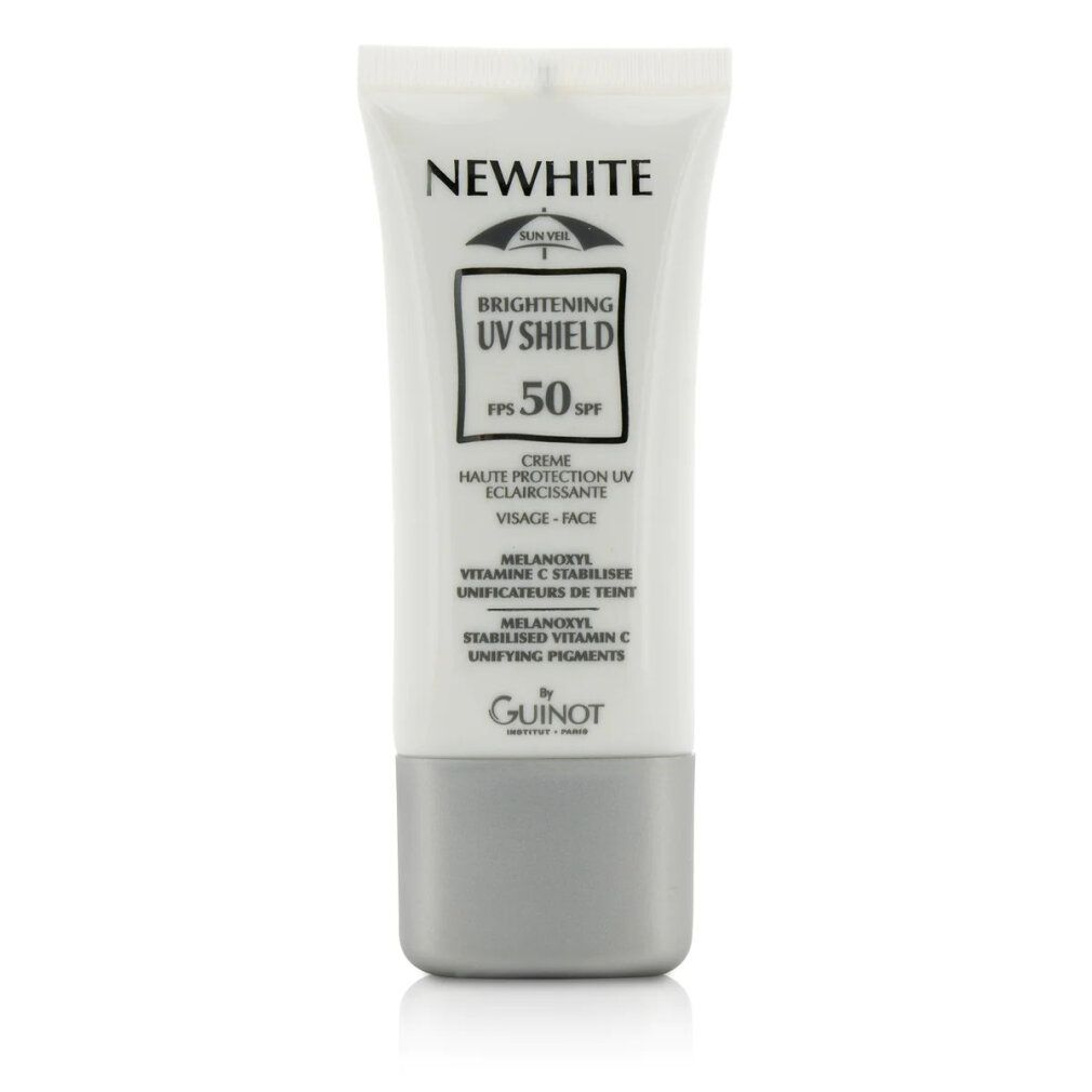 Tubo crema Newhite Brightening UV Shield 50 SPF. Marchio Guinot. Contiene protezione solare. Tubo bianco con dettagli grigi.