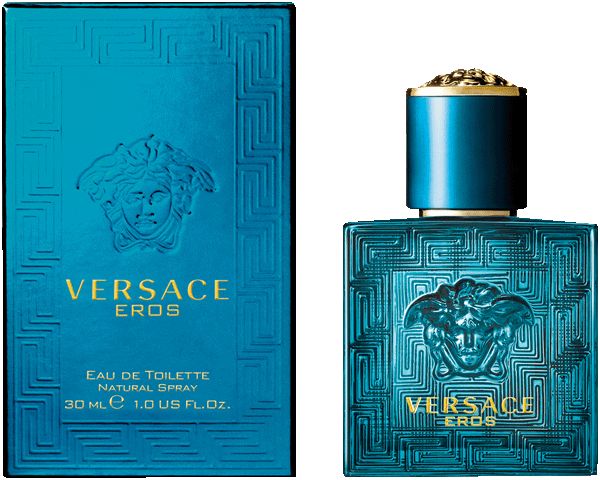 Flacone e confezione turchese Versace Eros. Flacone con logo Medusa e motivo geometrico. Confezione con logo e testo.