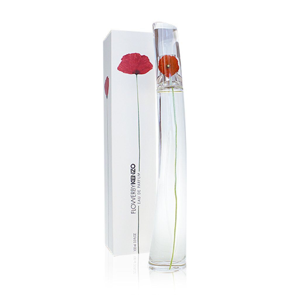 Flacone di profumo e scatola. Flacone con fiore rosso, scritta FLOWERBYKENZO. Scatola bianca con fiore rosso.
